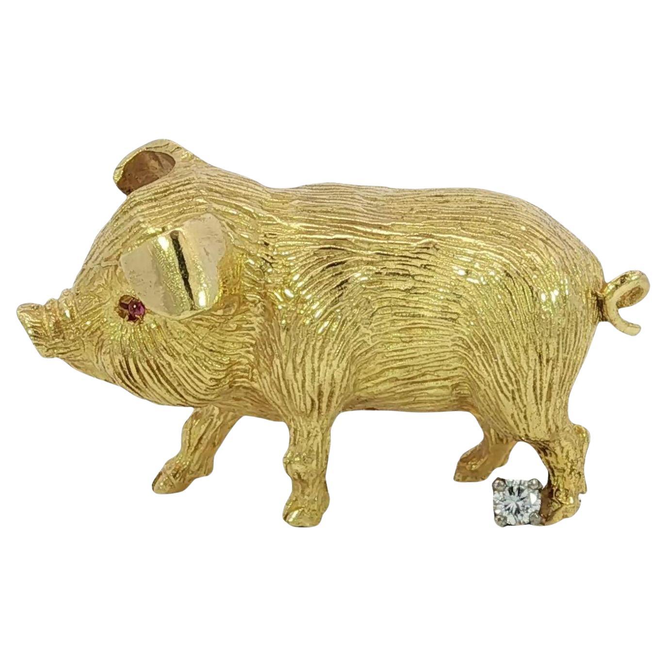 Ciondolo maiale vintage in oro giallo 18 carati con diamante