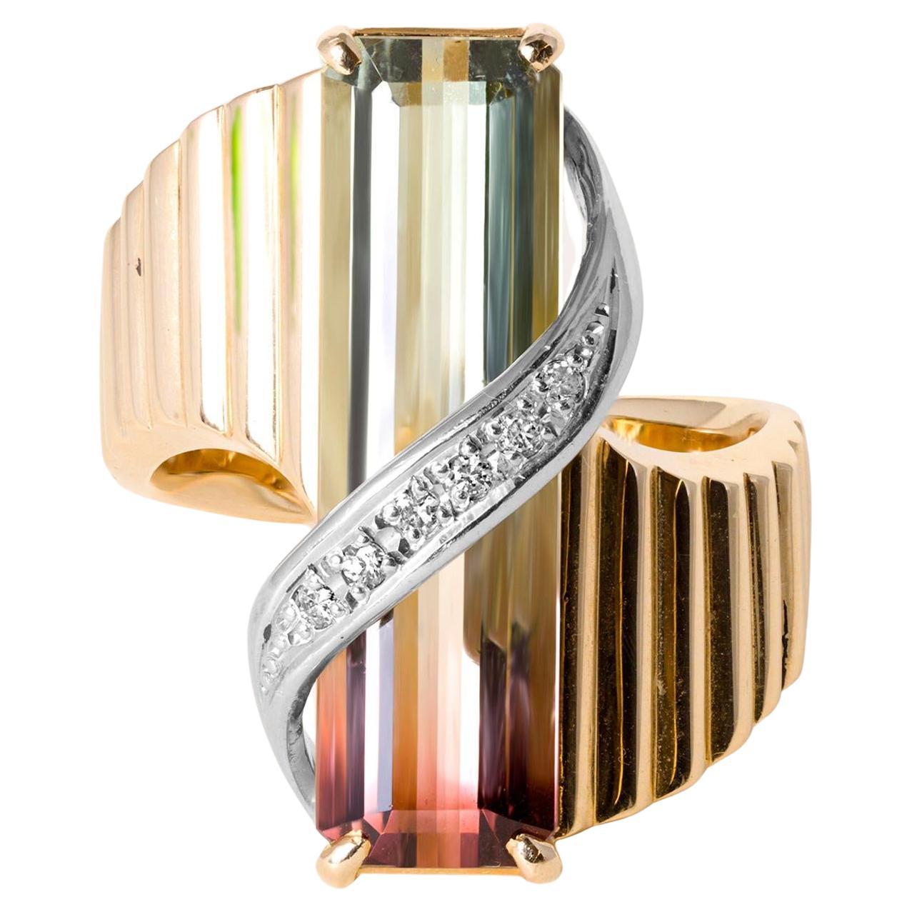 Bague vintage en or 18K/ Plat, tourmaline pastèque et diamant