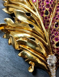 Vintage 18K Platinum Ruby Old European Cut Diamond Feather Leaf Brooch 11.68cttw