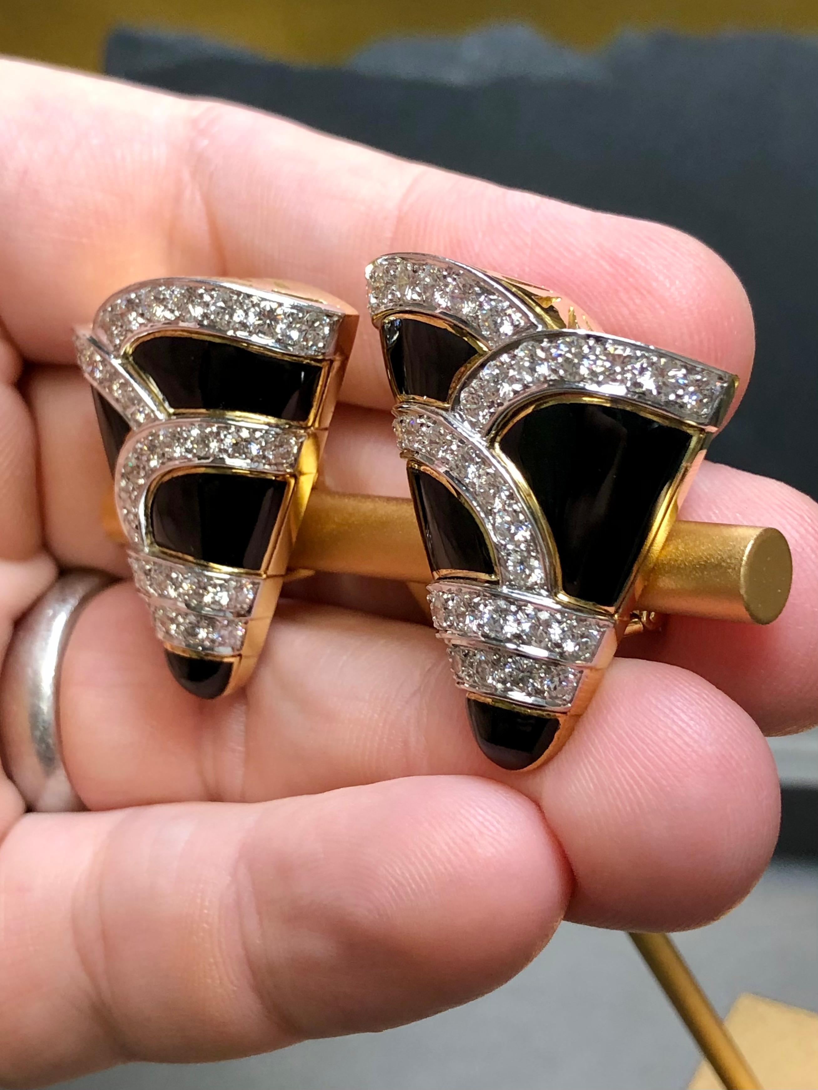 Vintage 18K Platinum Diamond Black Enamel Omega Clip Earrings F Vs+ c. 1960’s For Sale 4