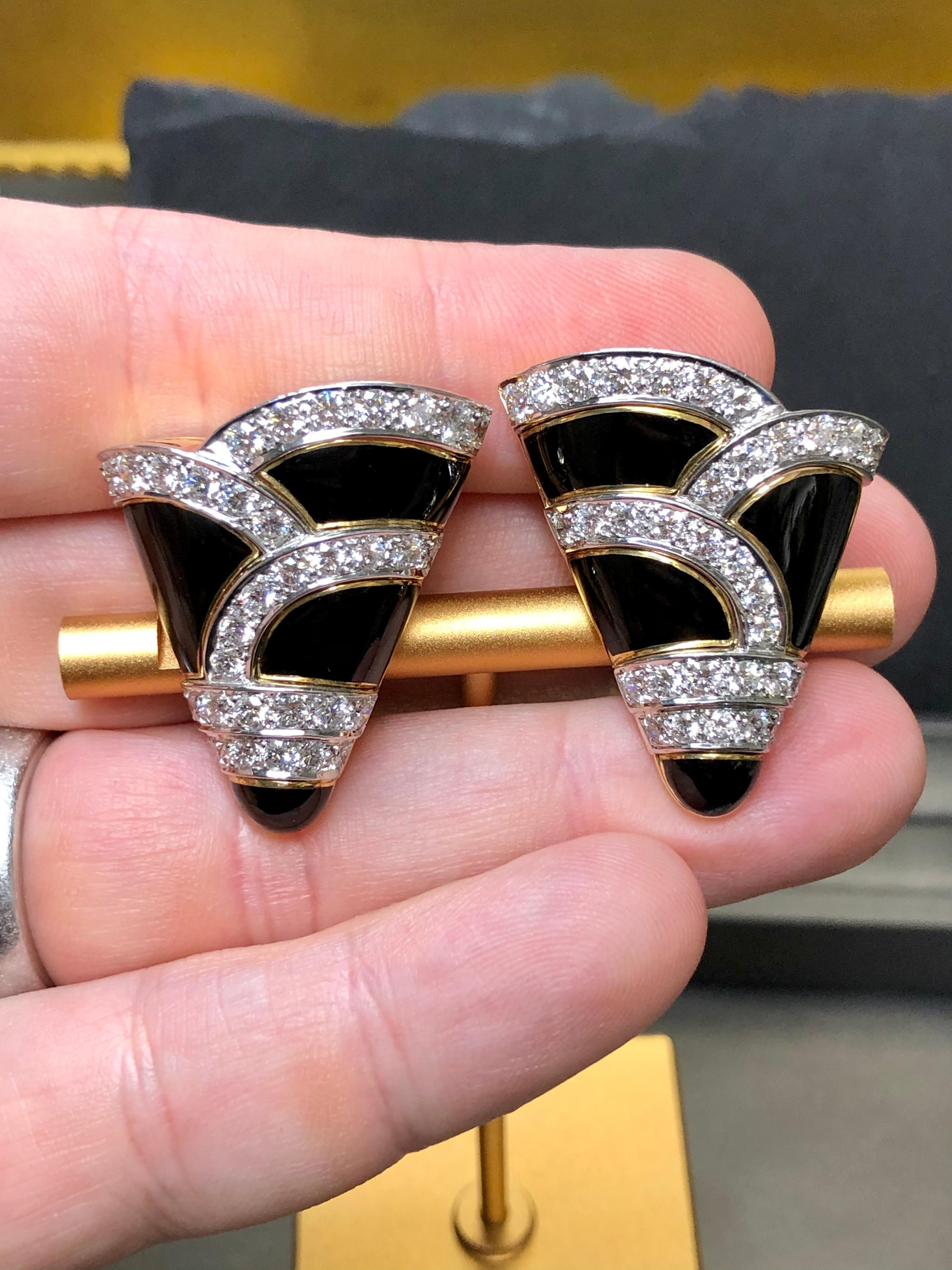 Vintage 18K Platinum Diamond Black Enamel Omega Clip Earrings F Vs+ c. 1960’s For Sale 5