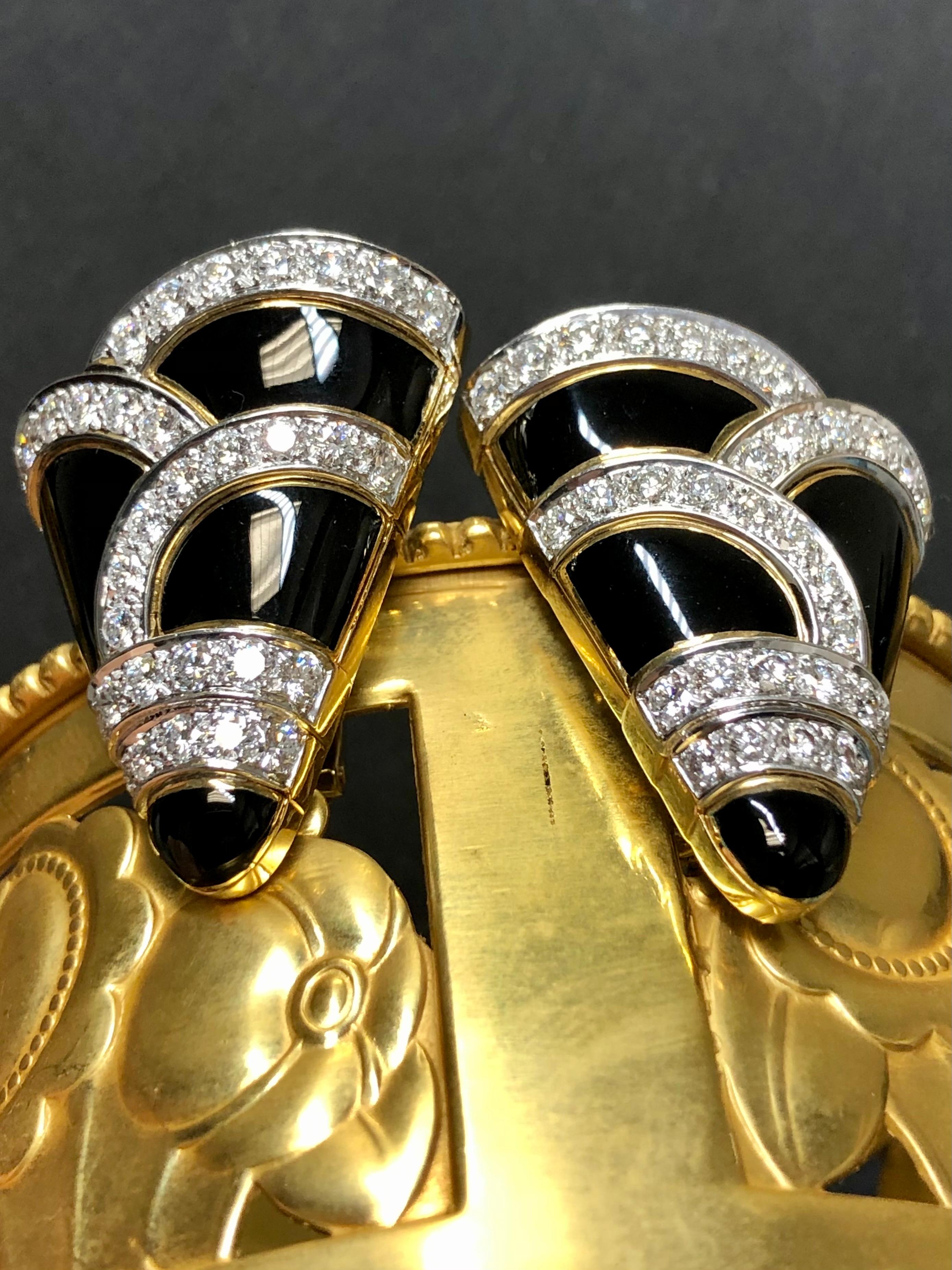 Round Cut Vintage 18K Platinum Diamond Black Enamel Omega Clip Earrings F Vs+ c. 1960’s For Sale