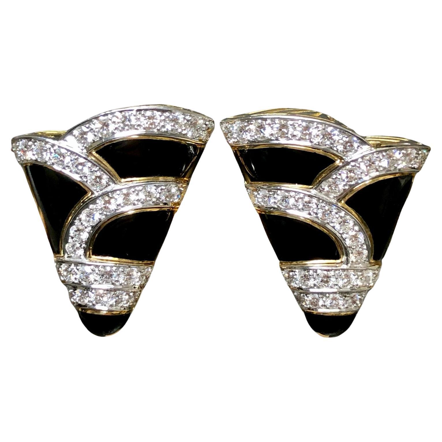 Vintage 18K Platinum Diamond Black Enamel Omega Clip Earrings F Vs+ c. 1960’s