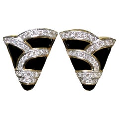 Vintage 18K Platinum Diamond Black Enamel Omega Clip Earrings F Vs+ c. 1960's