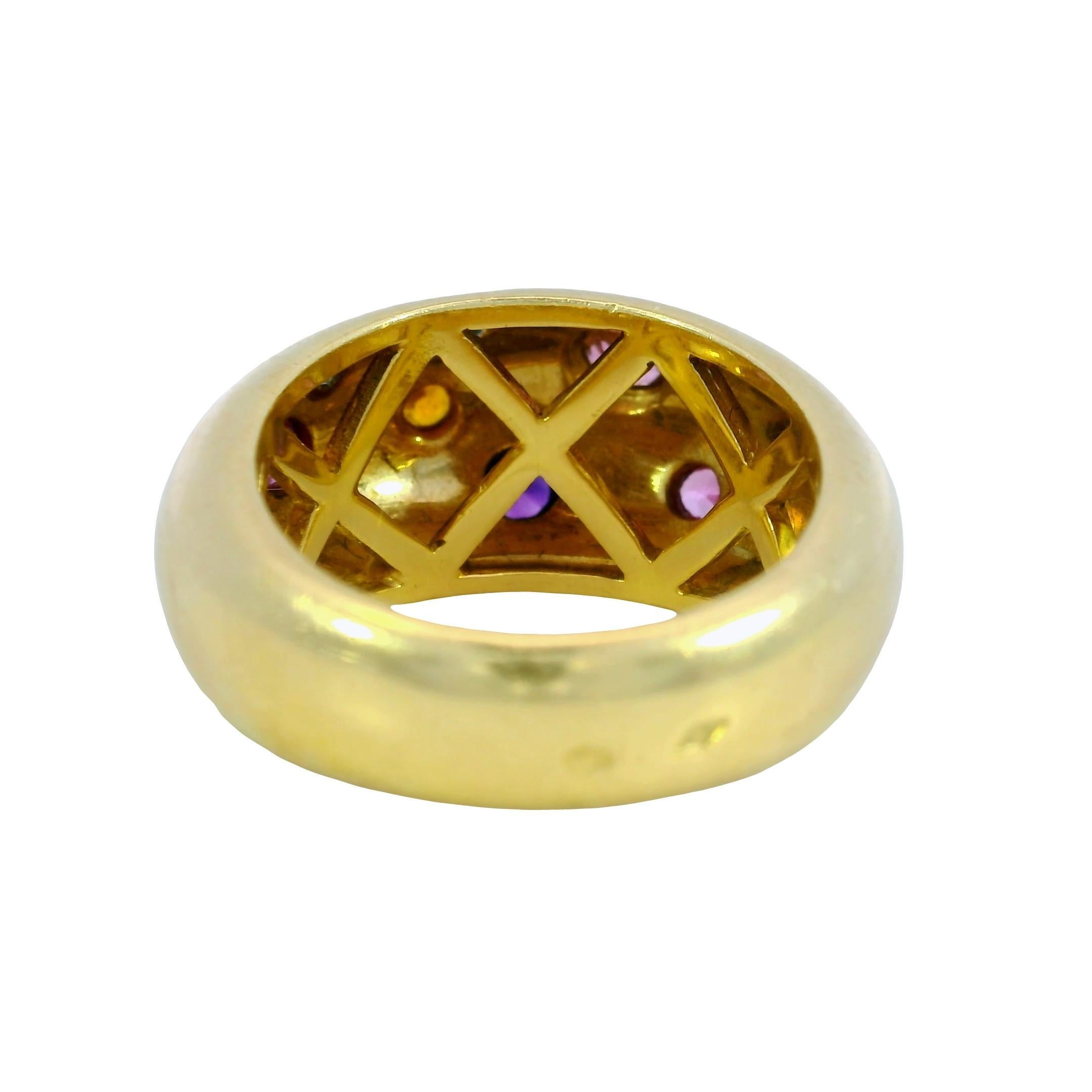 Vintage 18K Puffy Band Ring Französisch farbige Edelsteine Gelbgold Damen im Angebot