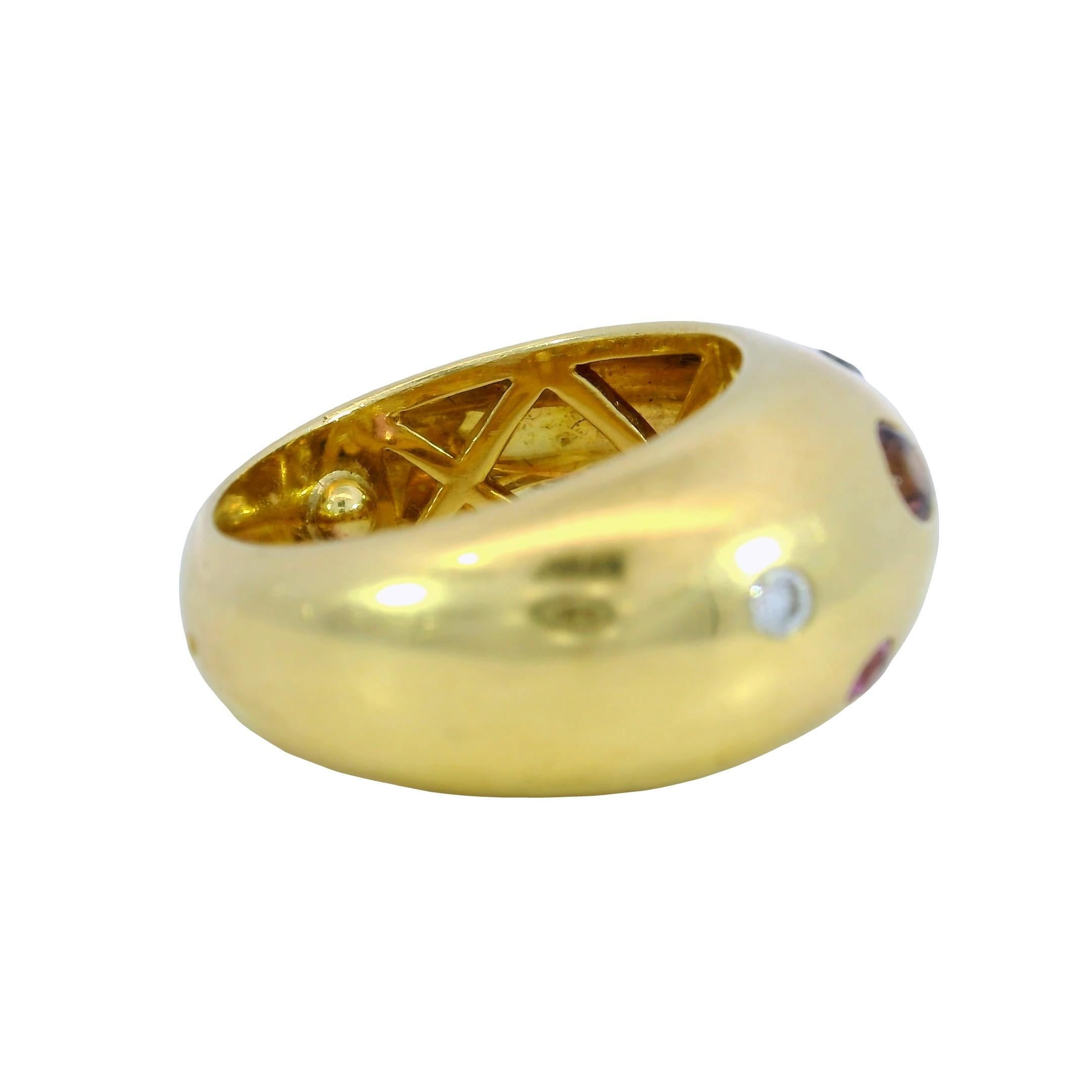 Vintage 18K Puffy Band Ring Französisch farbige Edelsteine Gelbgold im Angebot 1
