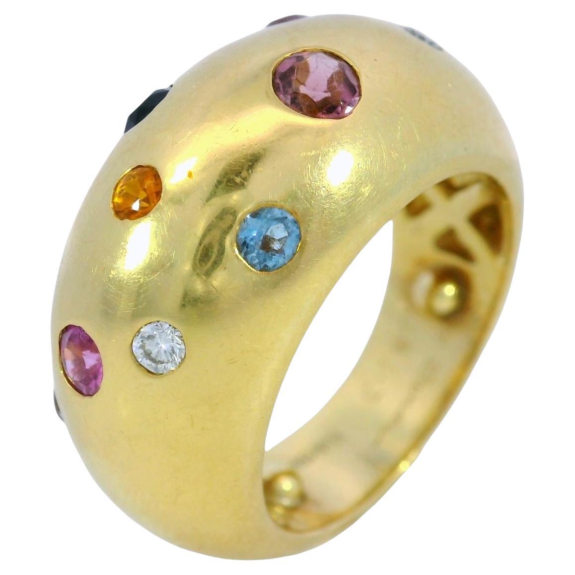 Vintage 18K Puffy Band Ring Französisch farbige Edelsteine Gelbgold im Angebot