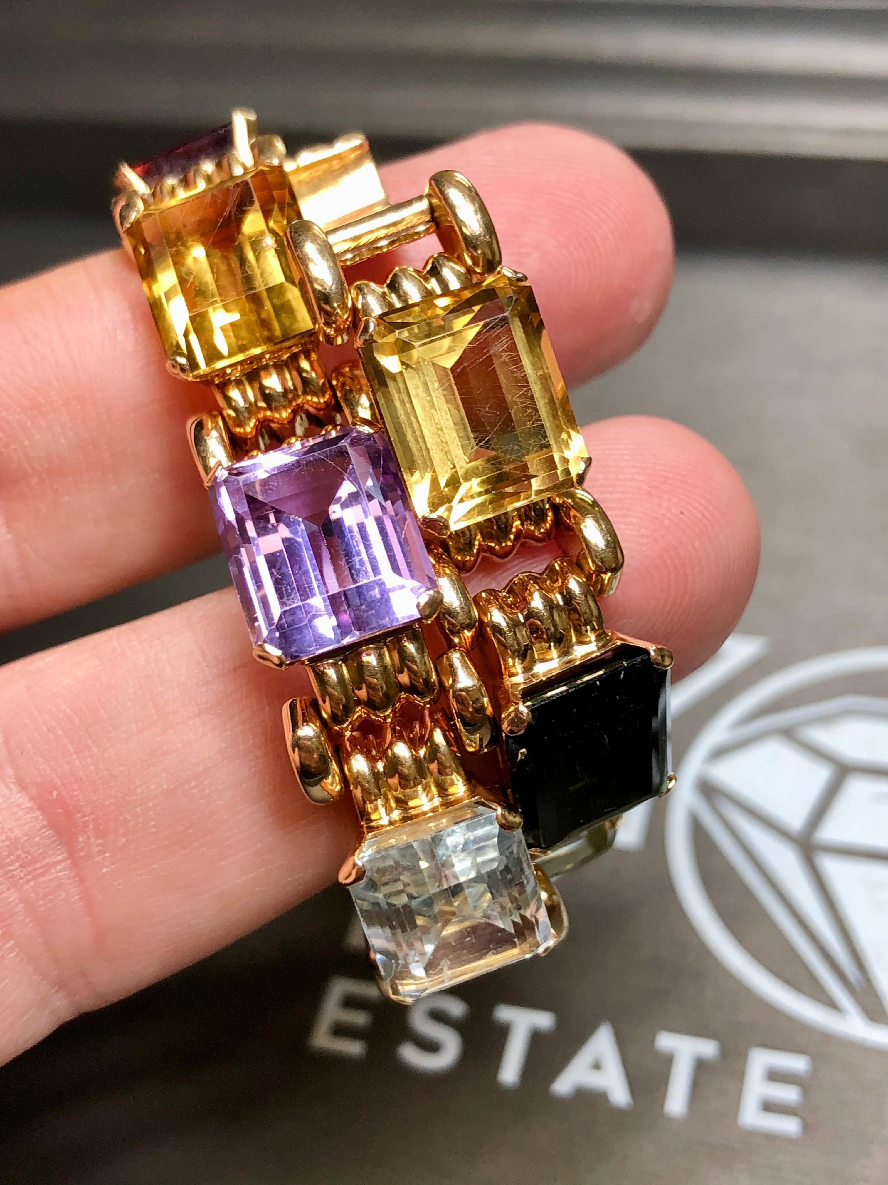 Vintage 18K Retro Rose Gold Aquamarine Tourmaline Amethyst Bracelet 41cttw 7” For Sale 5