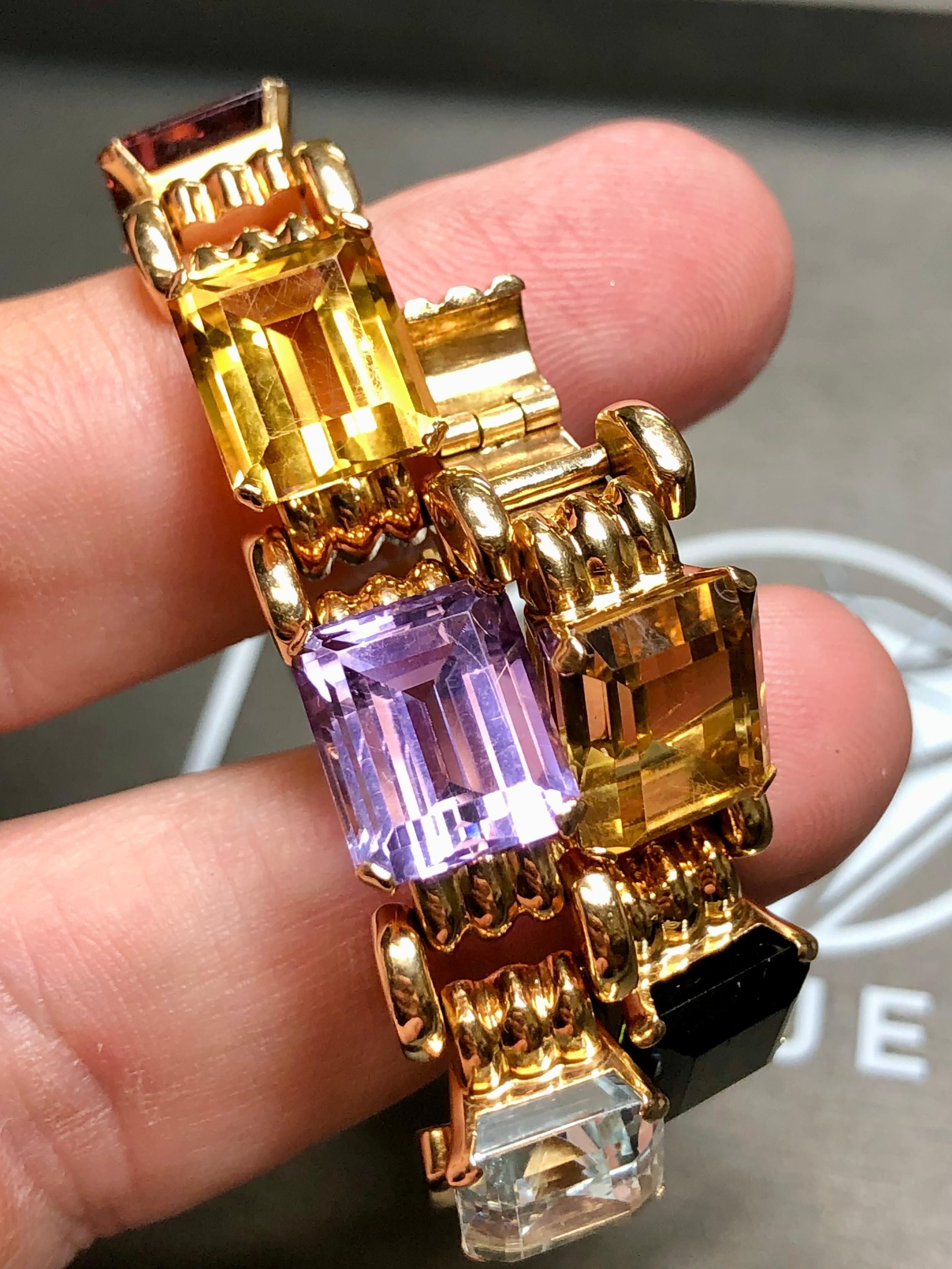 Vintage 18K Retro Rose Gold Aquamarine Tourmaline Amethyst Bracelet 41cttw 7” For Sale 6