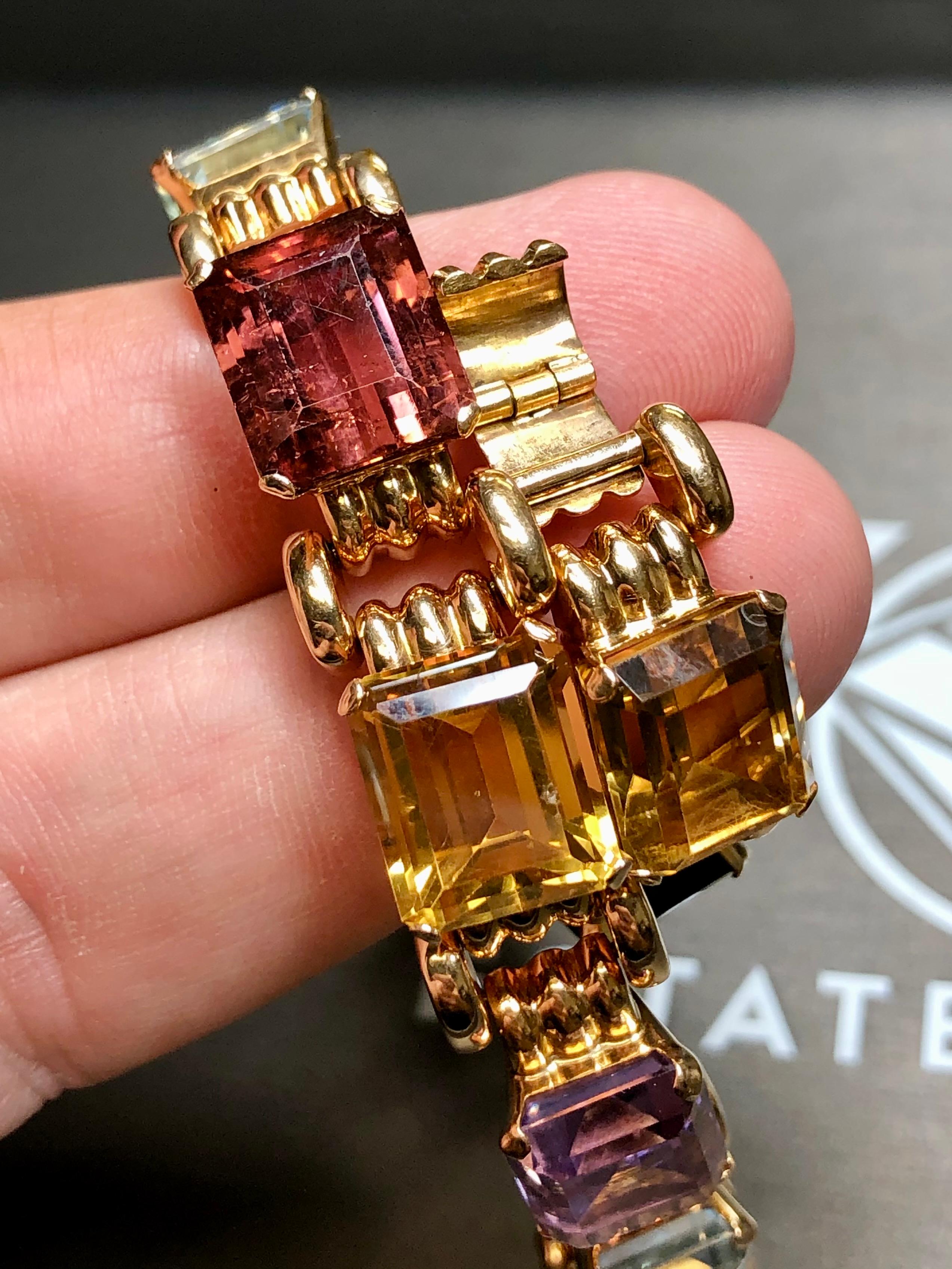 Vintage 18K Retro Rose Gold Aquamarine Tourmaline Amethyst Bracelet 41cttw 7” For Sale 7