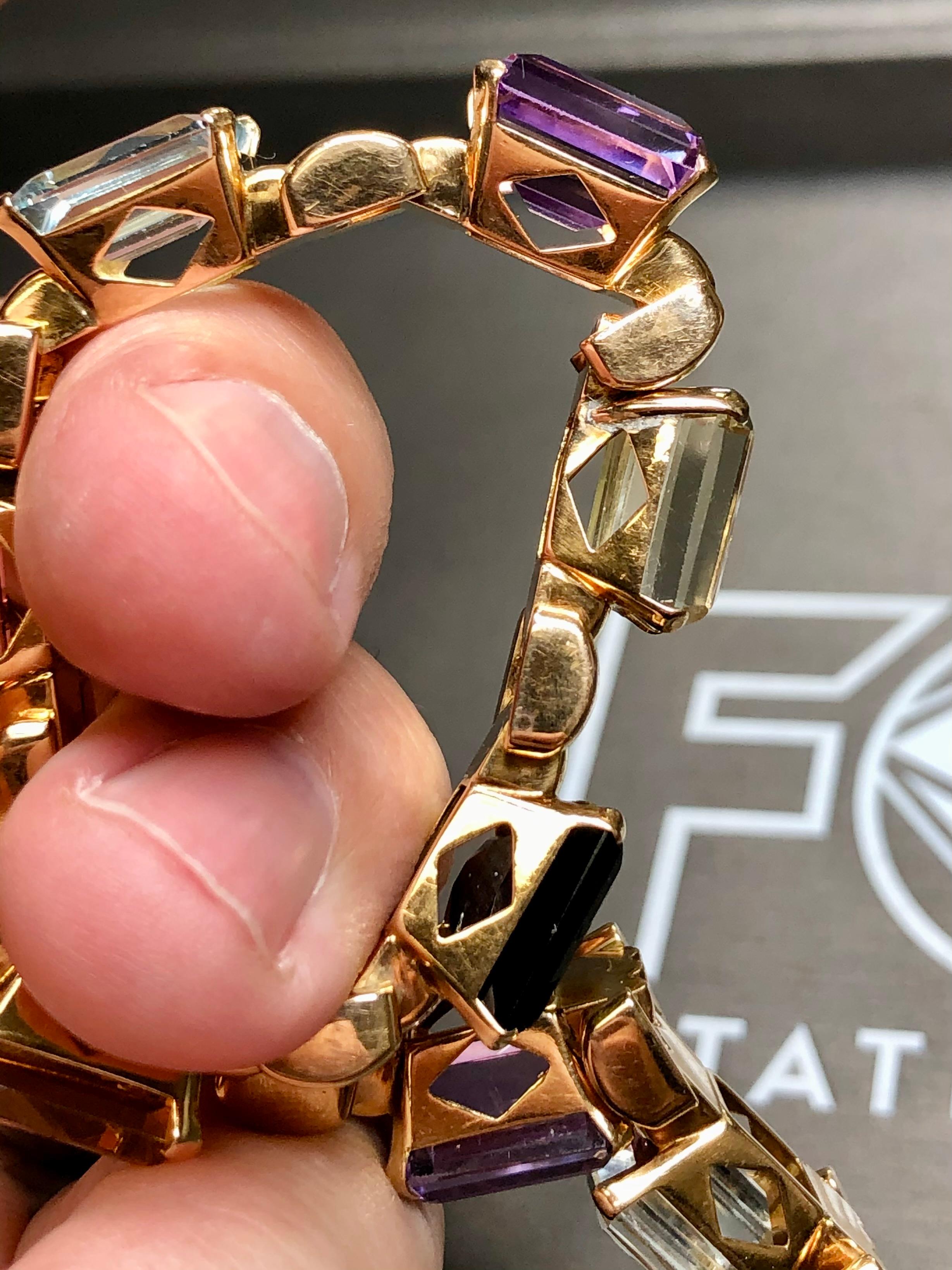 Vintage 18K Retro Rose Gold Aquamarine Tourmaline Amethyst Bracelet 41cttw 7” For Sale 8