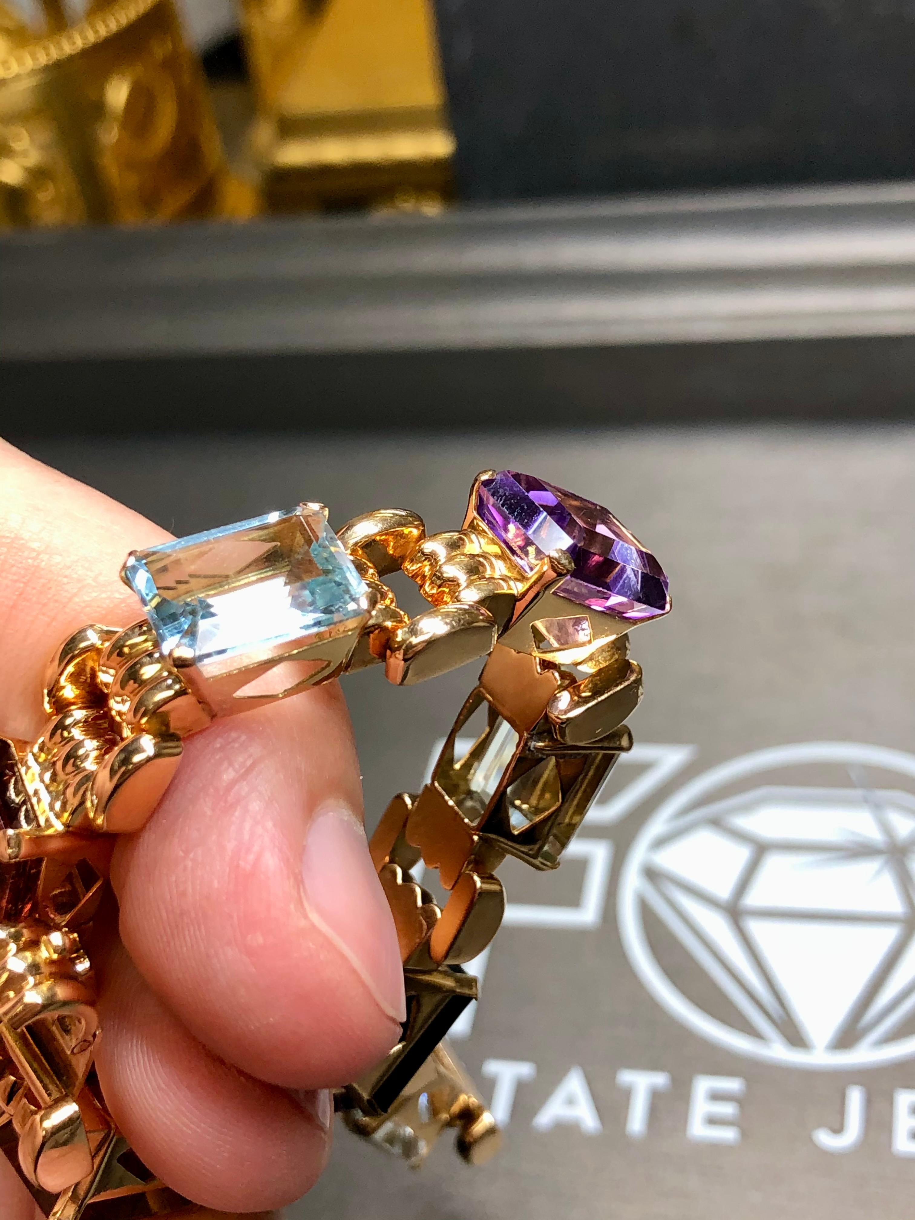 Vintage 18K Retro Rose Gold Aquamarine Tourmaline Amethyst Bracelet 41cttw 7” For Sale 9