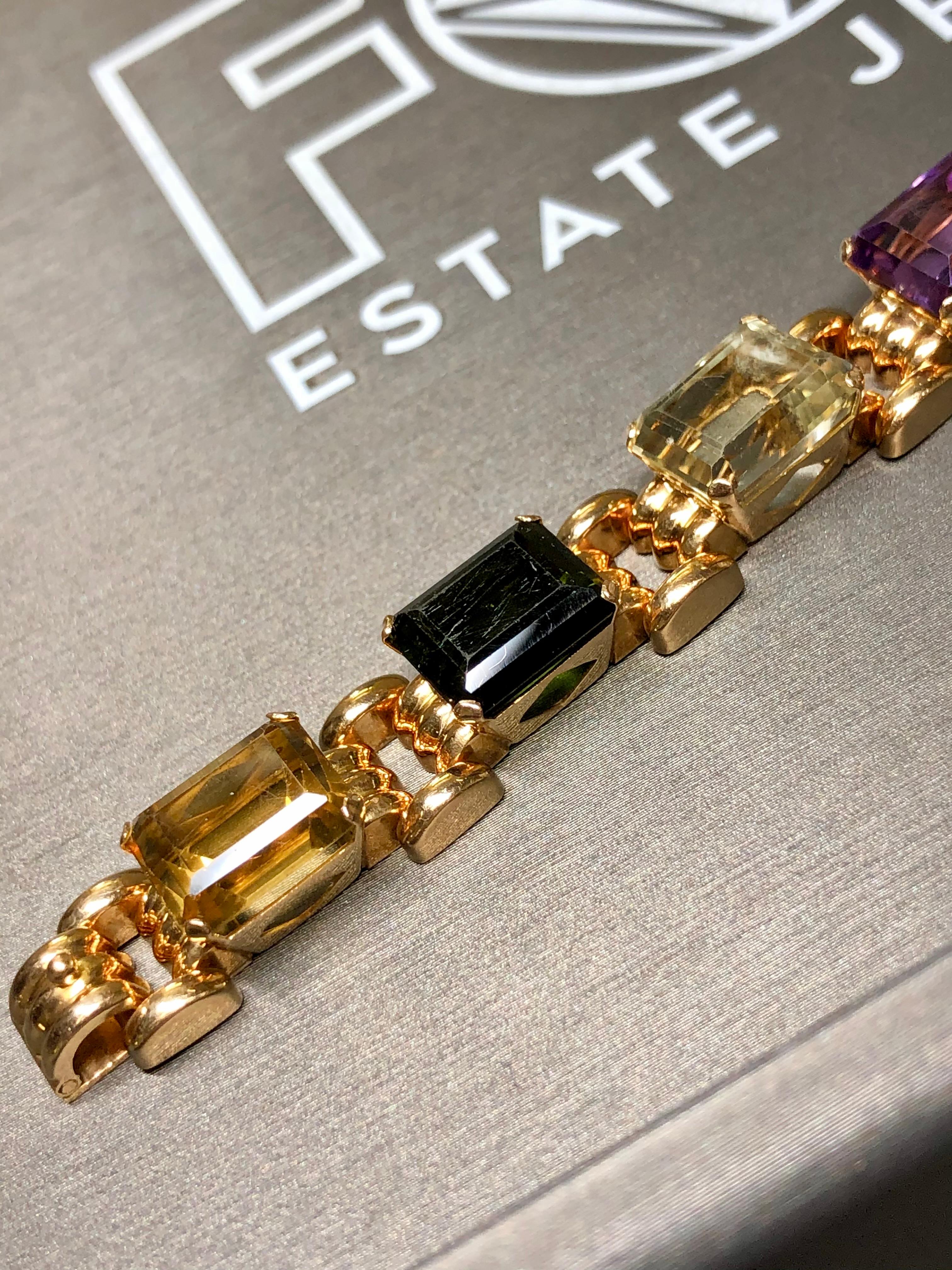 Vintage 18K Retro Rose Gold Aquamarine Tourmaline Amethyst Bracelet 41cttw 7” In Good Condition For Sale In Winter Springs, FL