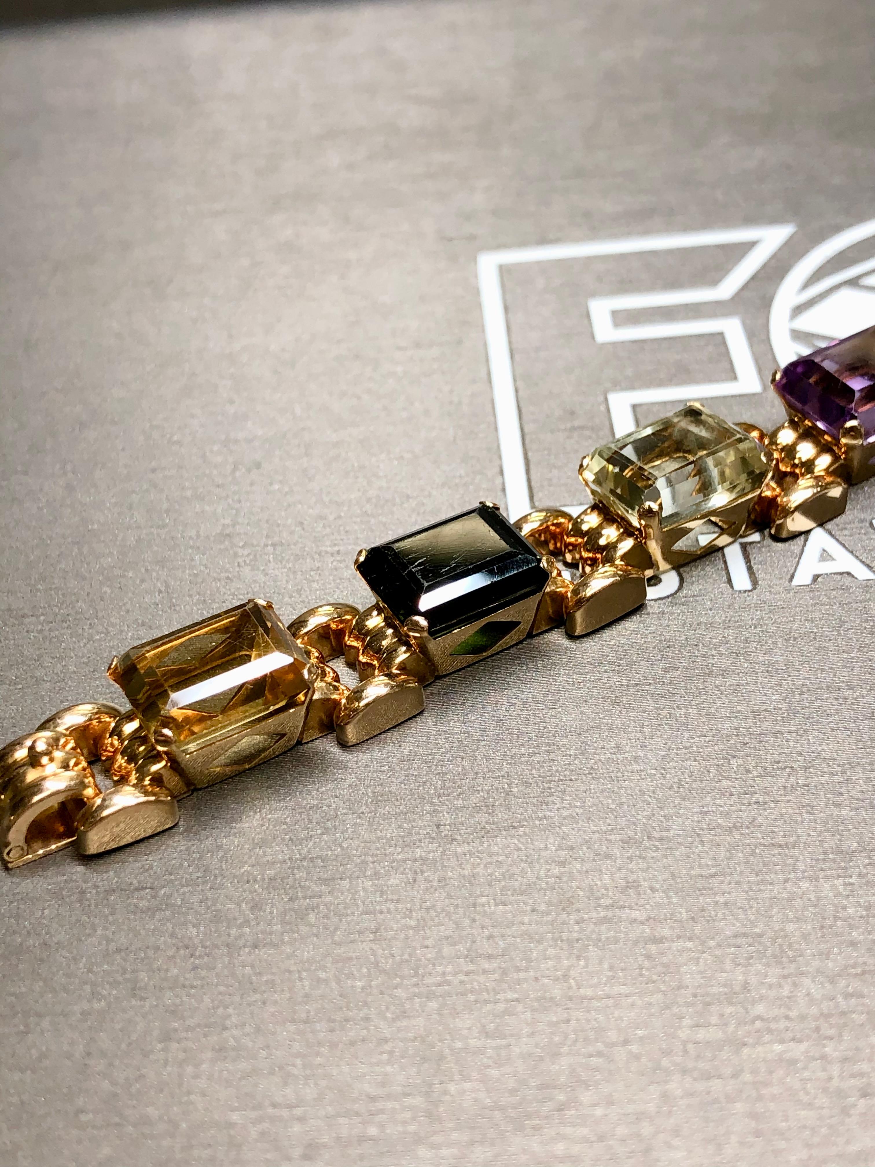 Women's or Men's Vintage 18K Retro Rose Gold Aquamarine Tourmaline Amethyst Bracelet 41cttw 7” For Sale