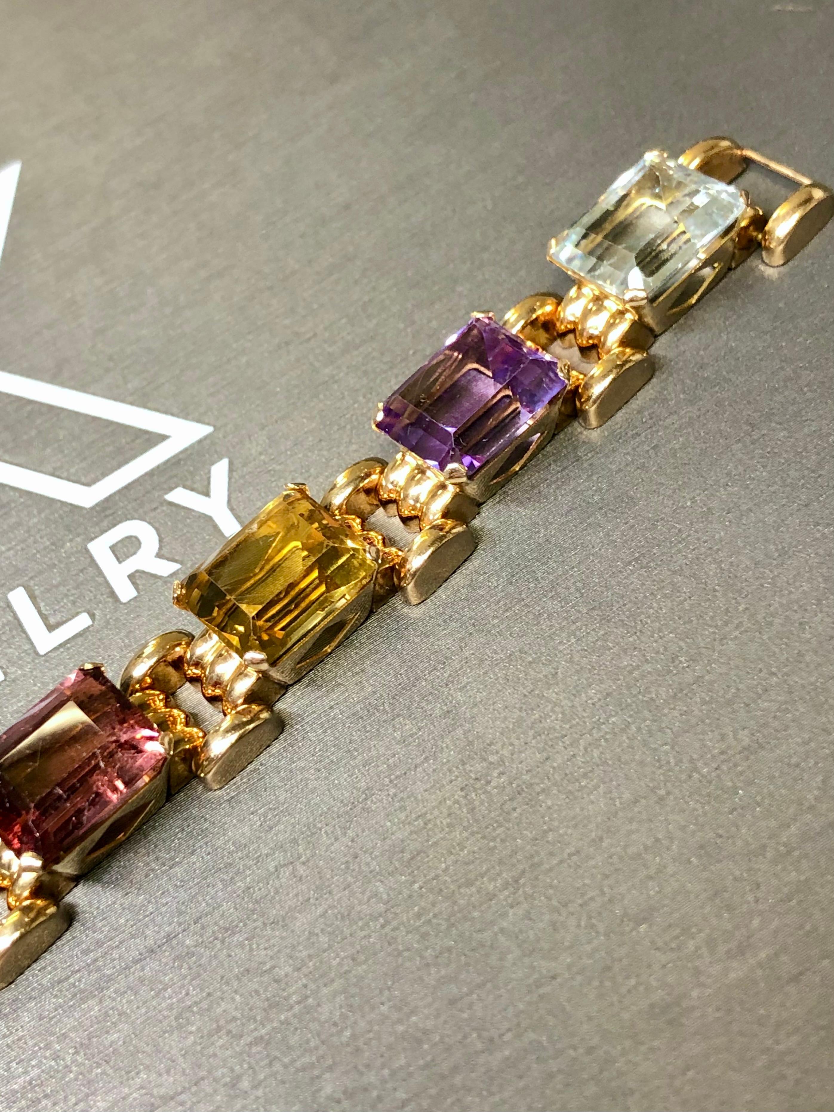 Vintage 18K Retro Rose Gold Aquamarine Tourmaline Amethyst Bracelet 41cttw 7” For Sale 1