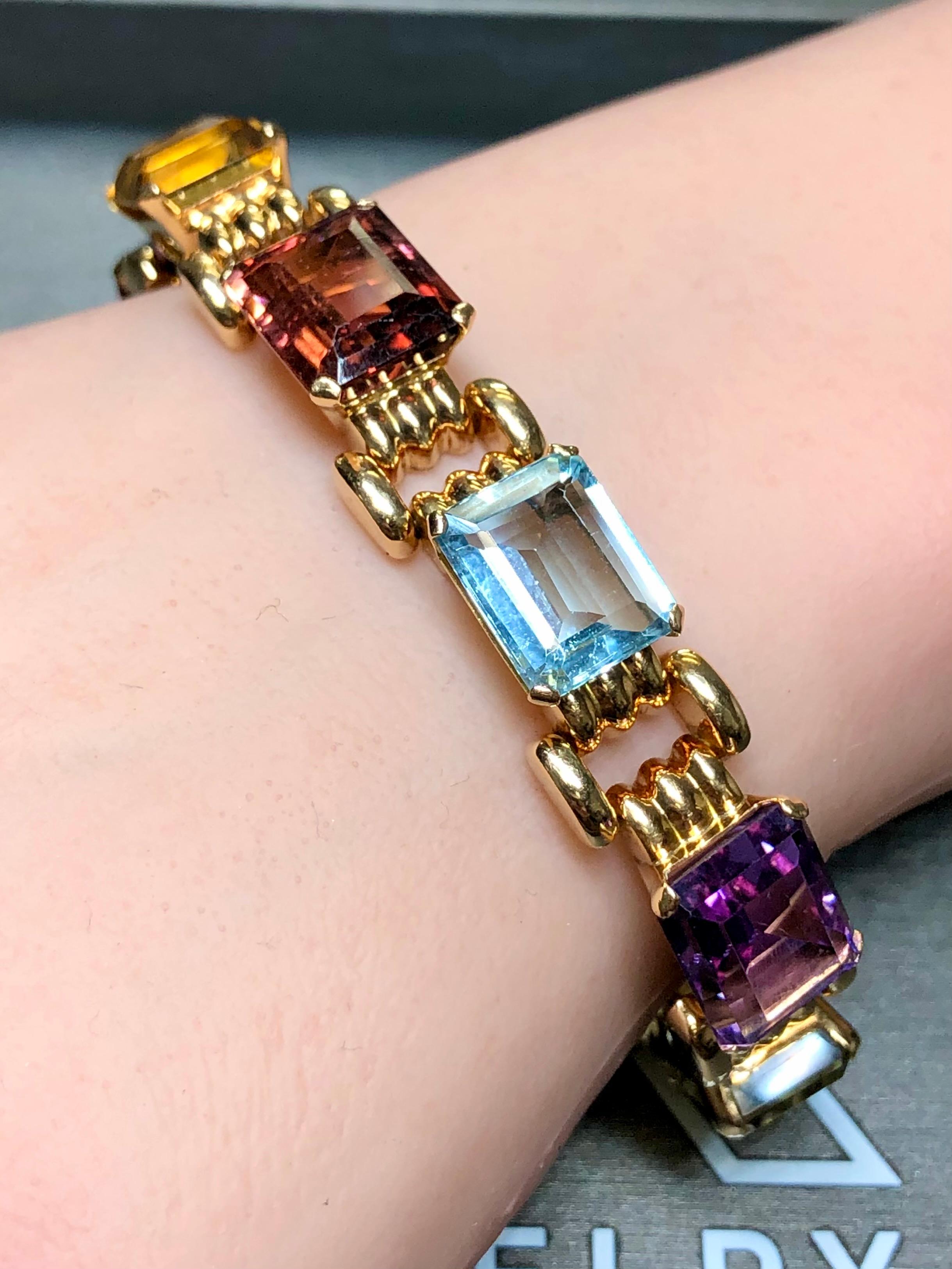 Vintage 18K Retro Rose Gold Aquamarine Tourmaline Amethyst Bracelet 41cttw 7” For Sale 2