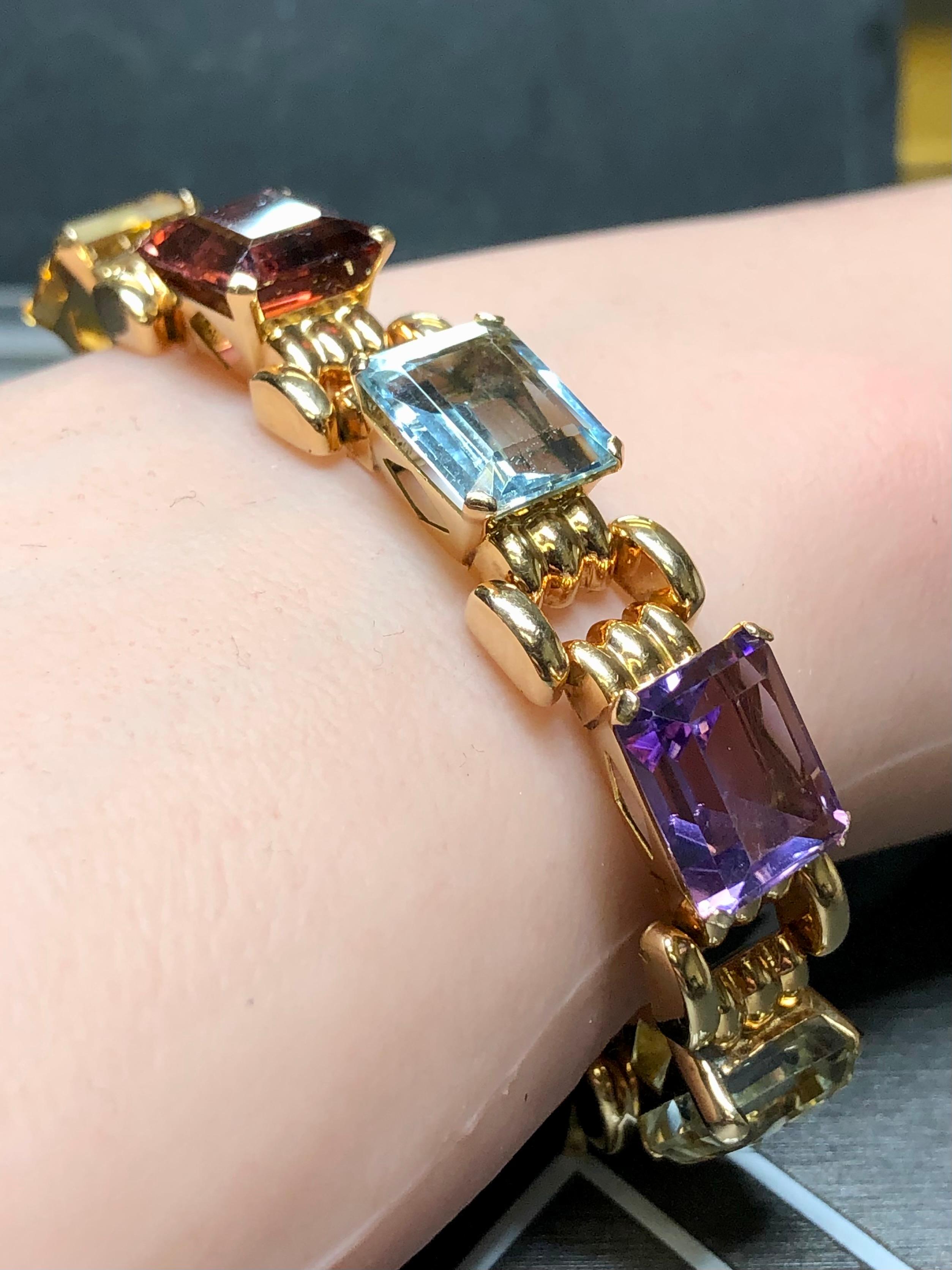 Vintage 18K Retro Rose Gold Aquamarine Tourmaline Amethyst Bracelet 41cttw 7” For Sale 3