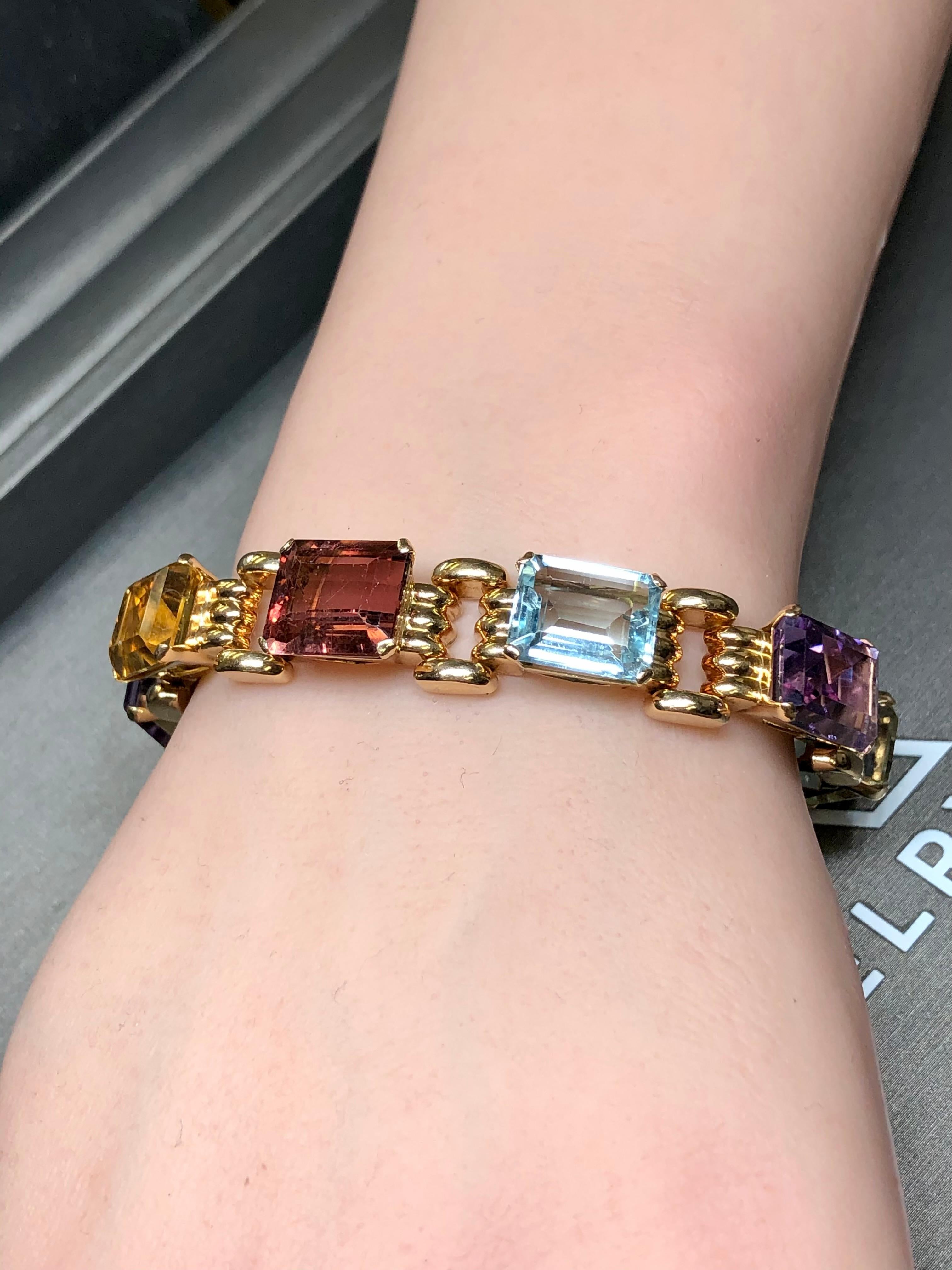 Vintage 18K Retro Rose Gold Aquamarine Tourmaline Amethyst Bracelet 41cttw 7” For Sale 4