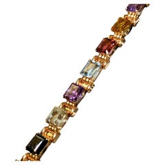 Bracelet rétro vintage en or rose 18 carats, aigue-marine, tourmaline et améthyste 41 carats poids total 7
