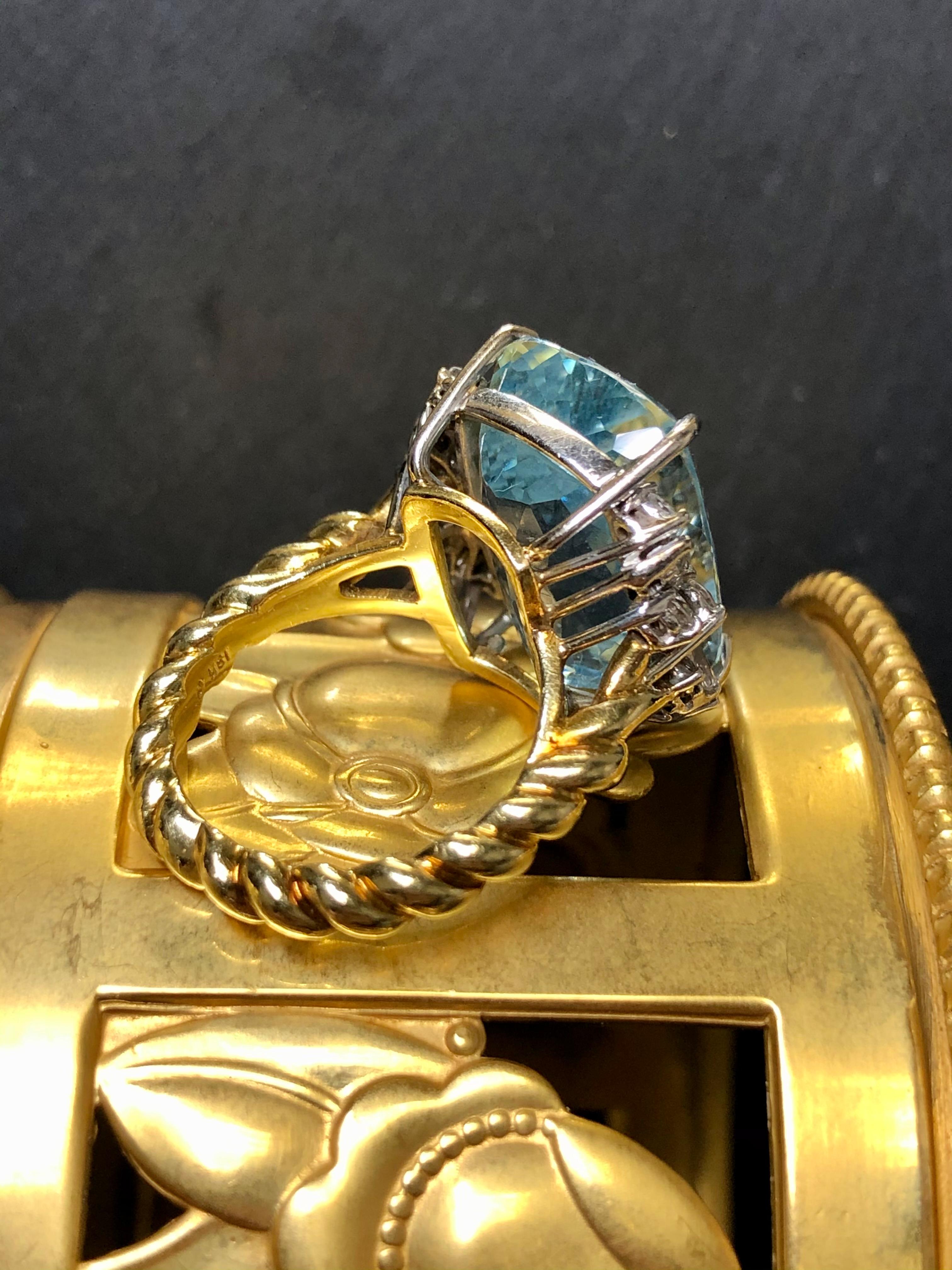 Cushion Cut Vintage 18K Cushion Aquamarine Baguette Diamond Rope Twist Cocktail Ring Sz 6.5 For Sale