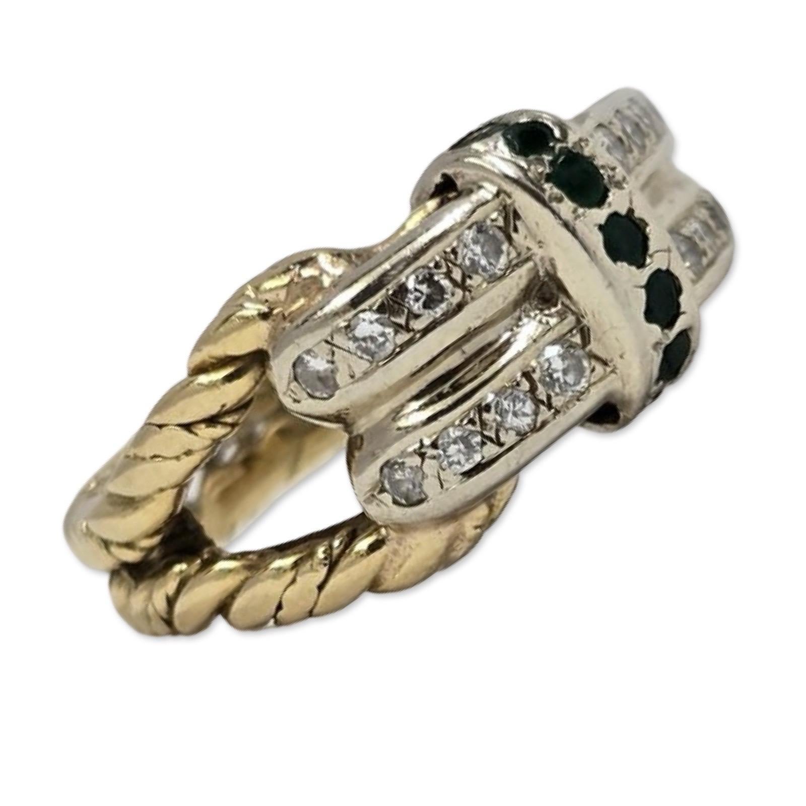 A bold and highly detailed vintage rope ring in rich 18K yellow gold weighing 8.6 grams. This sculptural design features twisted gold work and polished edges, set with vivid emeralds totaling approximately 0.25 carats and near-colorless round