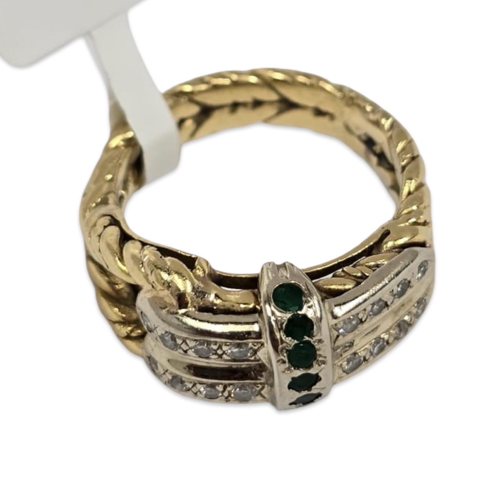 Vintage 18K Rope Ring, 0.25ct Emeralds & 0.20ctw Diamonds, Size 6.25 For Sale 3