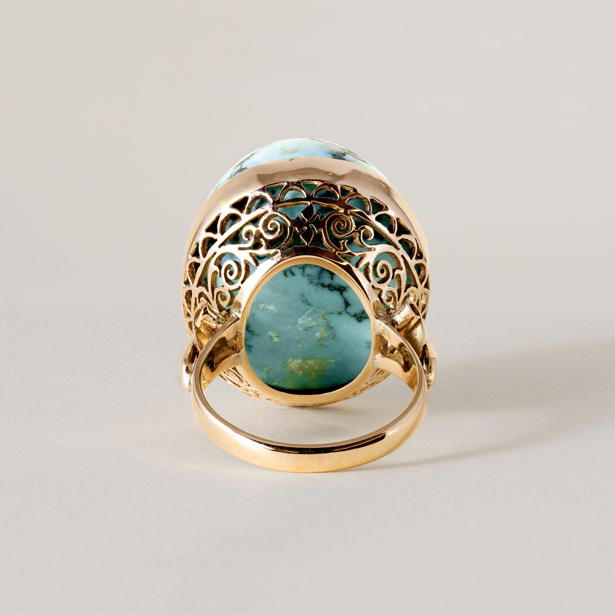 Anello da cocktail con cupola di turchese d'epoca in oro rosa 18 carati 20,88 In condizioni buone in vendita a Los Angeles, CA