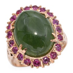 Vintage 18k Rose Gold 7.86ct Nephrite Jade and Ruby Halo Ring