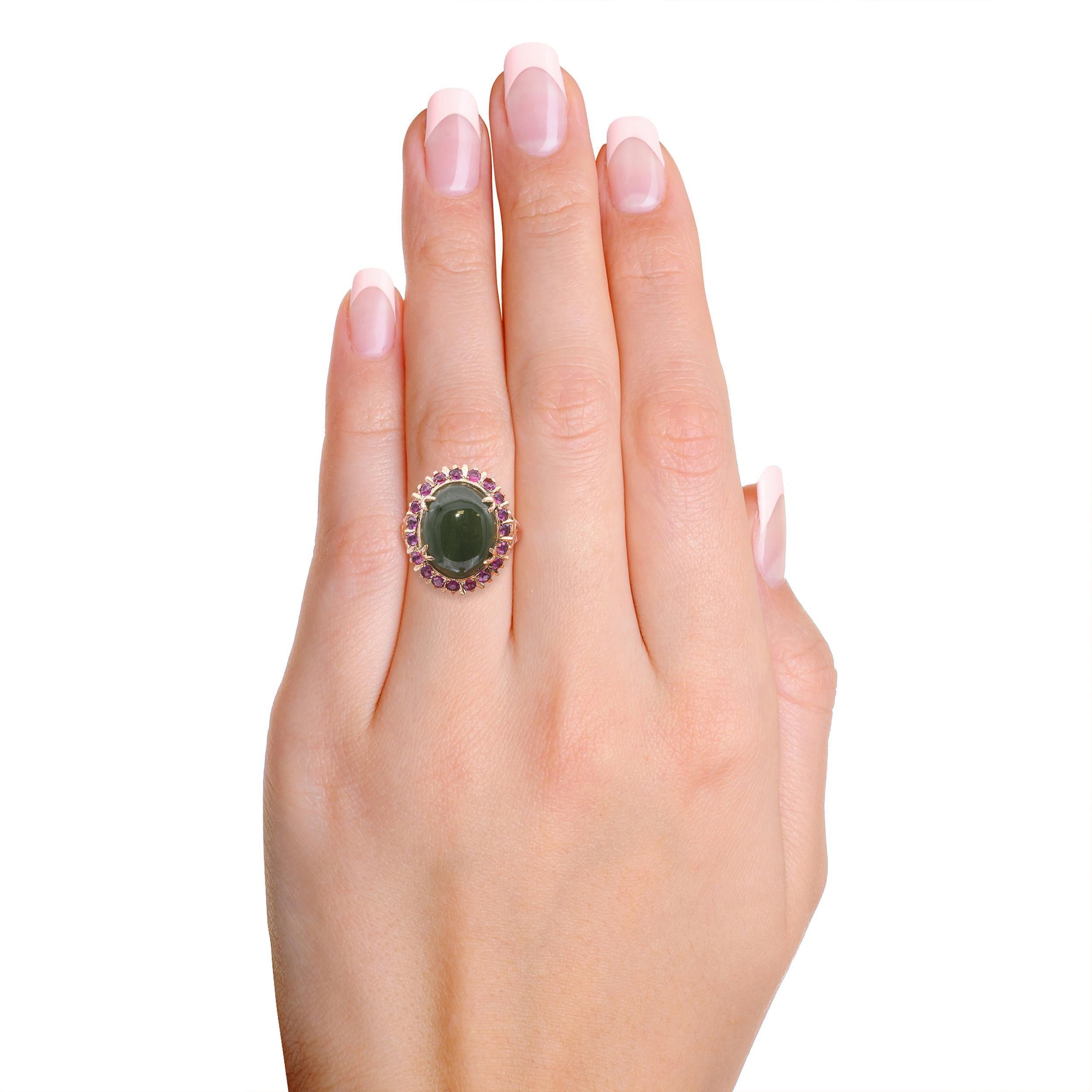 Oval Cut Vintage 18k Rose Gold 7.86ct Nephrite Jade and Ruby Halo Ring For Sale
