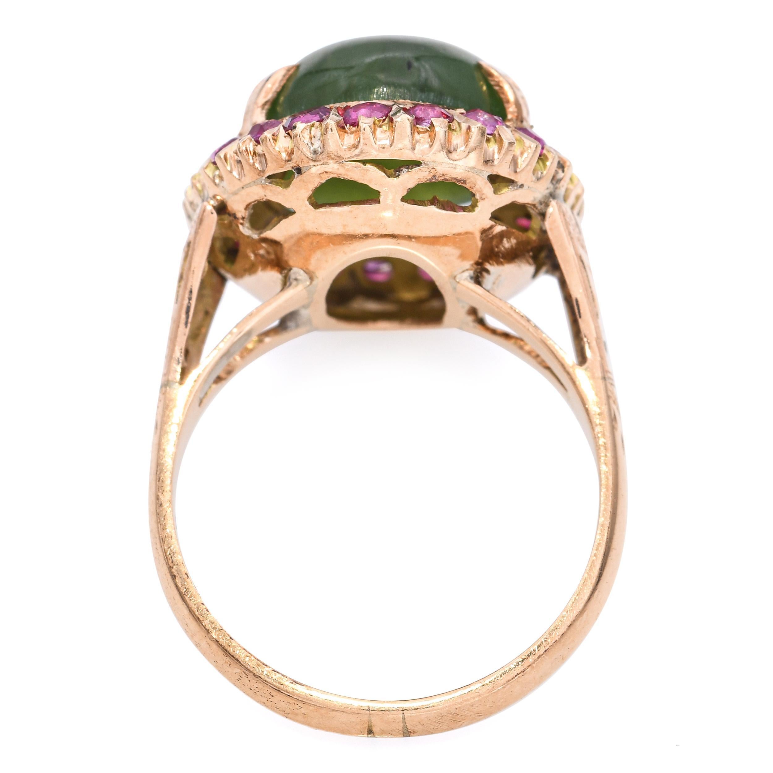 Women's or Men's Vintage 18k Rose Gold 7.86ct Nephrite Jade and Ruby Halo Ring For Sale
