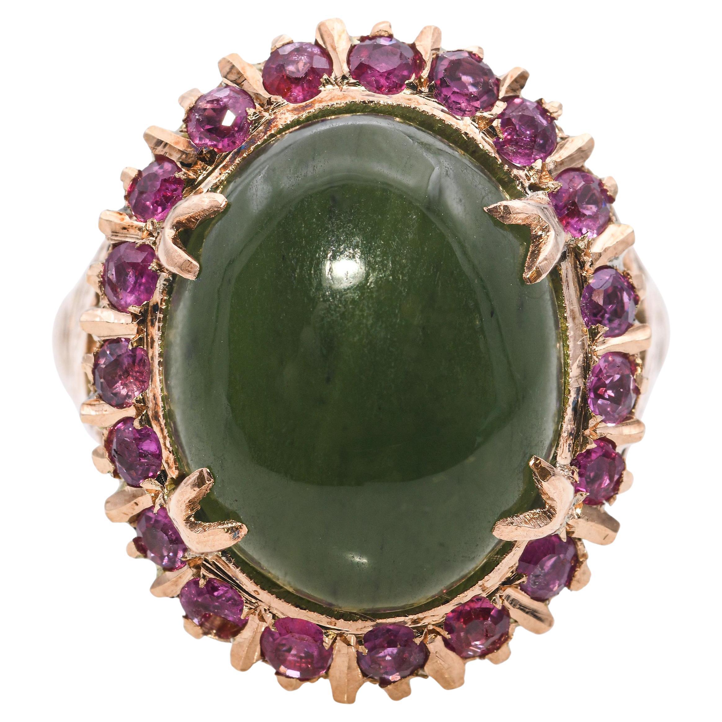 Vintage 18k Rose Gold 7.86ct Nephrite Jade and Ruby Halo Ring For Sale