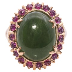 Vintage 18k Rose Gold 7.86ct Nephrite Jade and Ruby Halo Ring