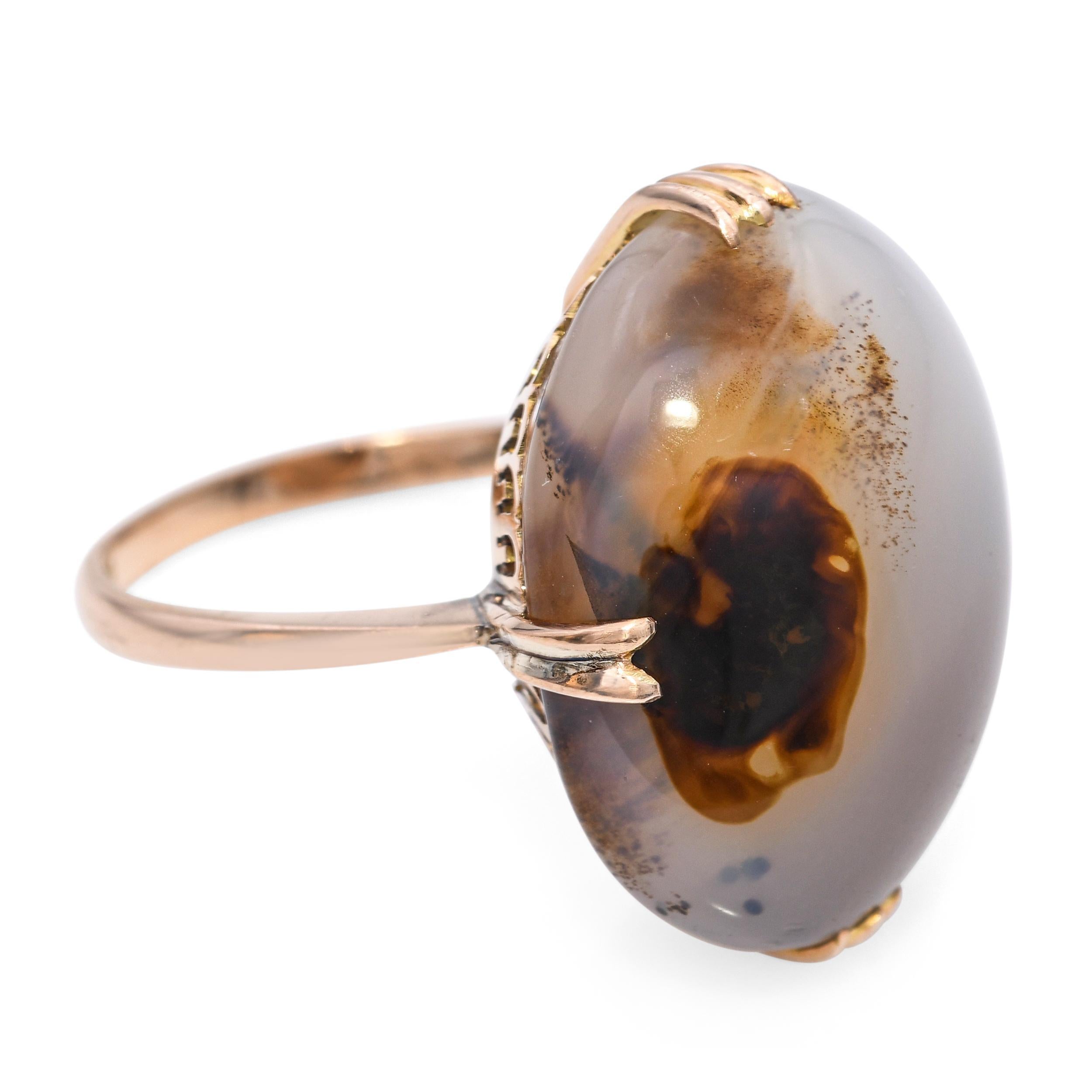 Vintage 18k Rose Gold Agate Cabochon Ring Unisexe en vente