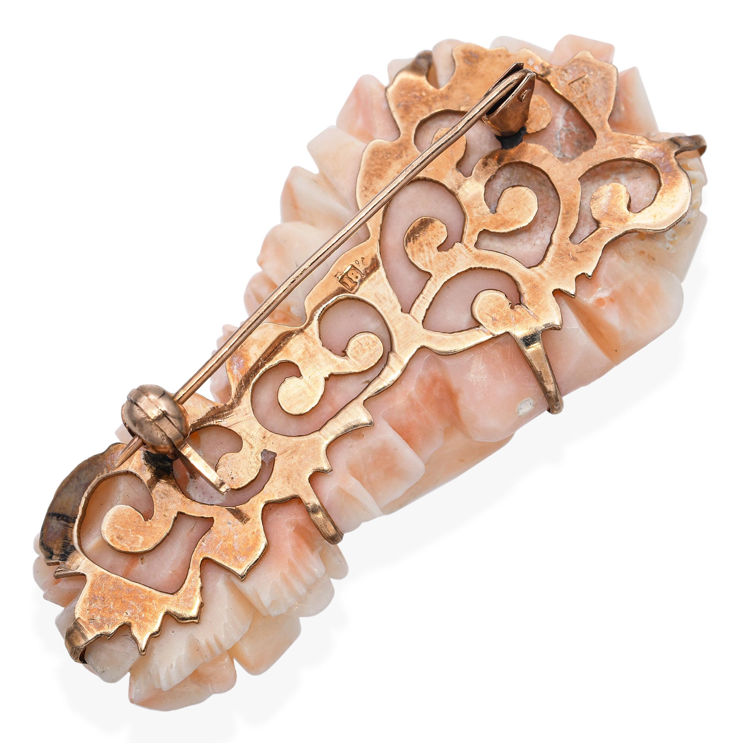 Women's or Men's Vintage 18k Rose Gold Carved Angel Skin Coral Rose Brooch For Sale