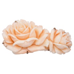 Vintage 18k Rose Gold Carved Angel Skin Coral Rose Brooch