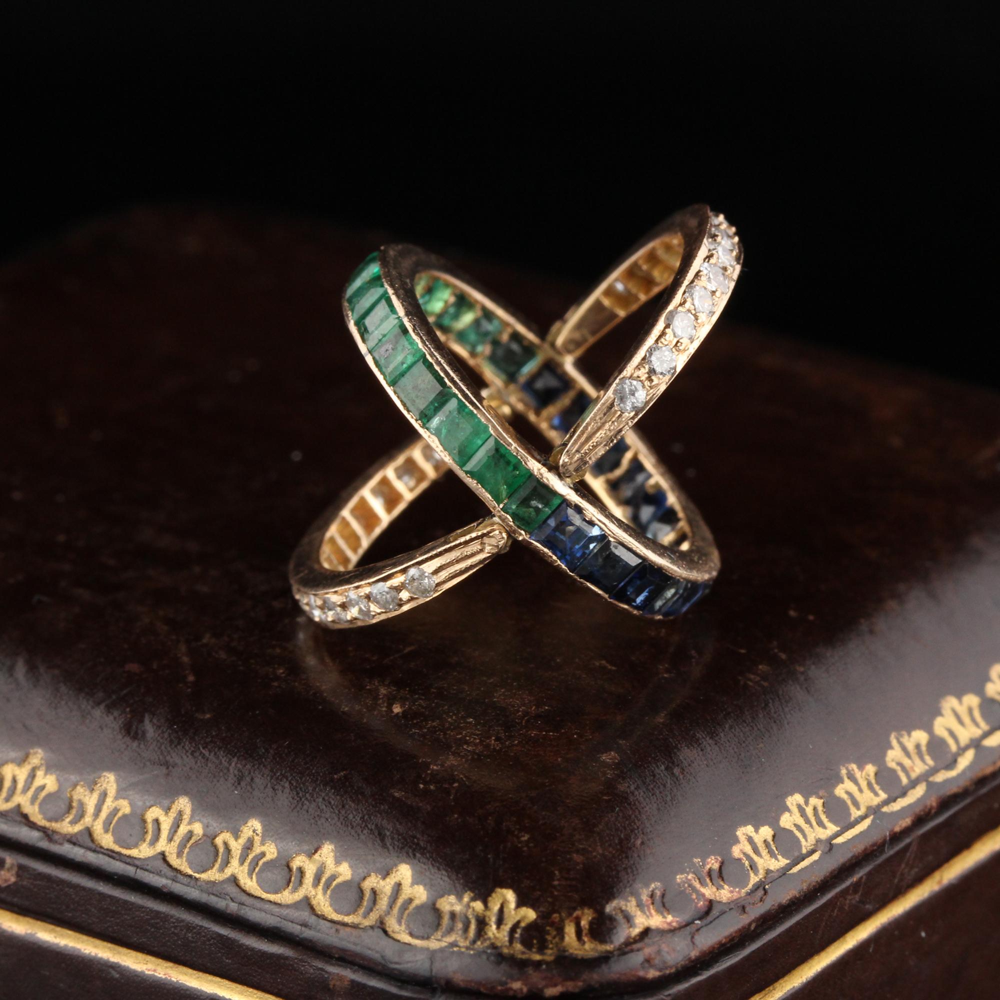 Retro Vintage 18 Karat Rose Gold Diamond Sapphire and Emerald Flip Ring - Size 5.75