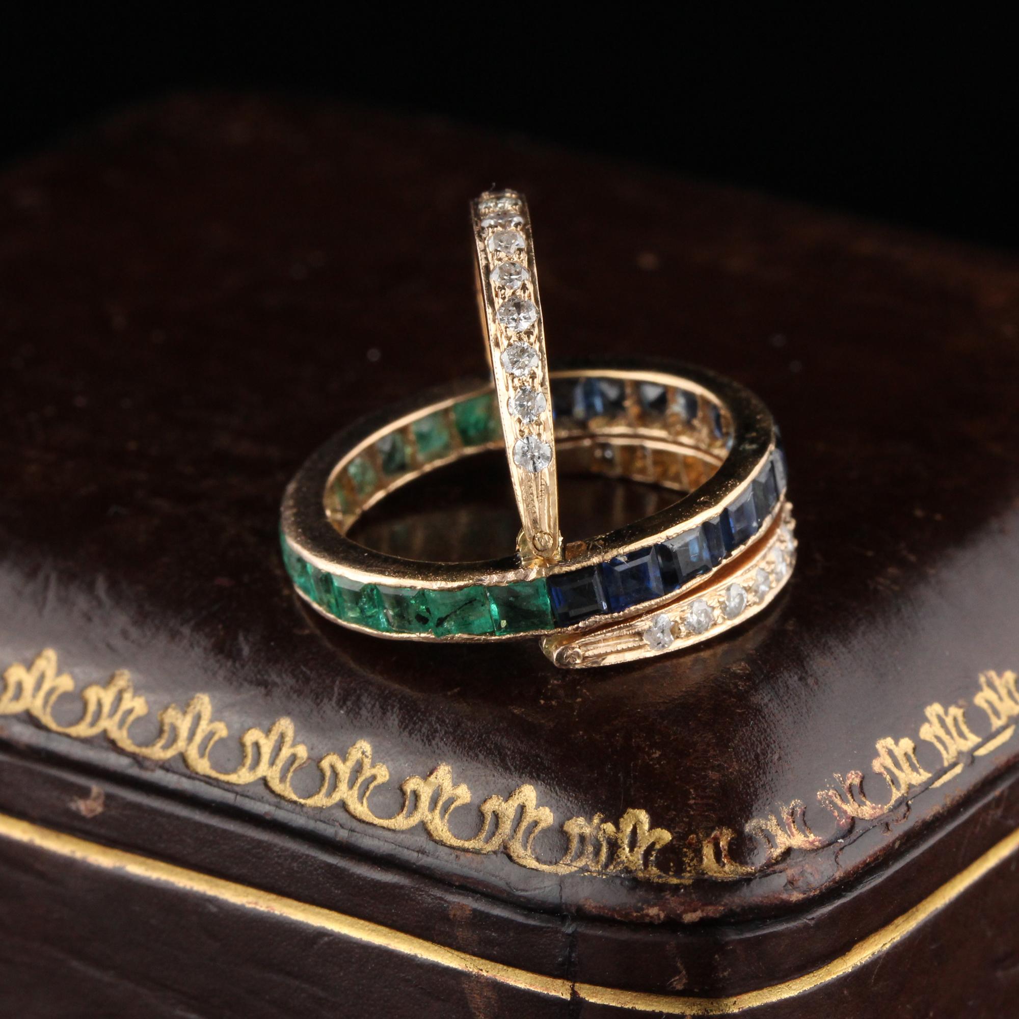 Round Cut Vintage 18 Karat Rose Gold Diamond Sapphire and Emerald Flip Ring - Size 5.75
