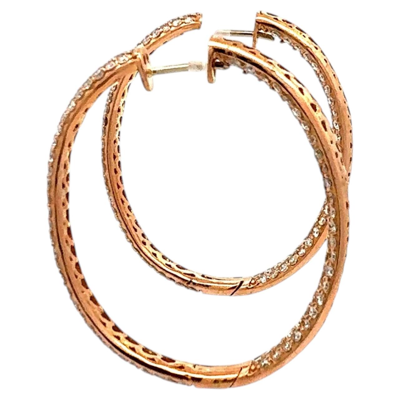Vintage 18K Rose Gold Hoop Earrings with 11.46 Carat Round G-VS1 Diamonds