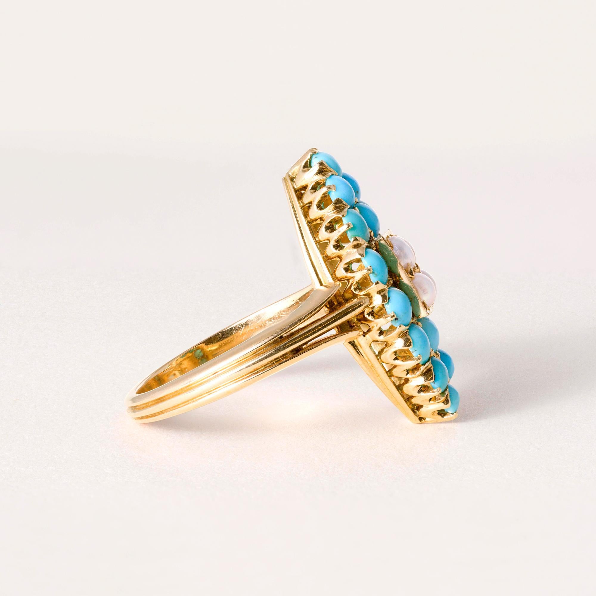Vittoriano Anello Navette con turchese e perla in oro rosa 18 carati vintage in vendita