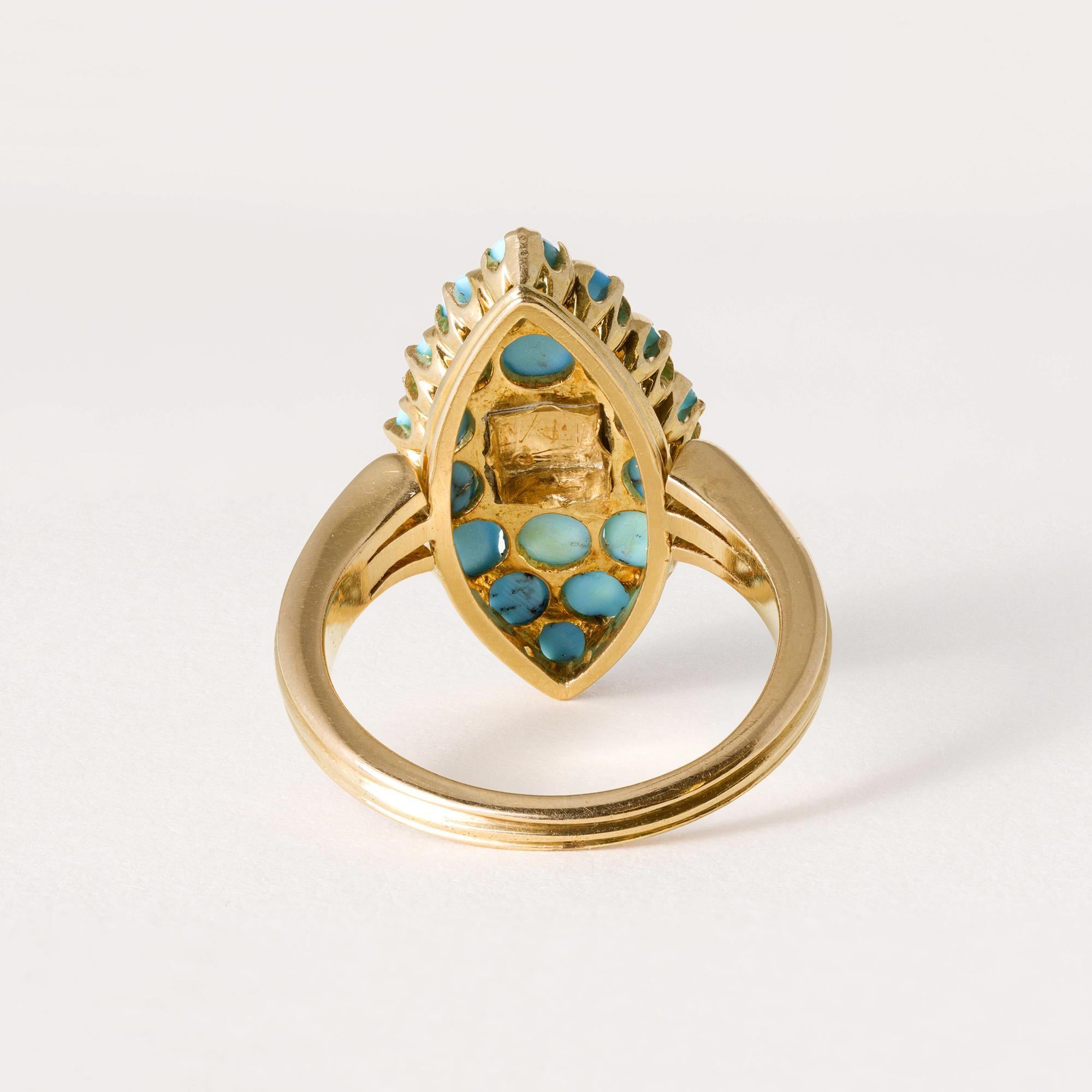 Anello Navette con turchese e perla in oro rosa 18 carati vintage In condizioni ottime in vendita a Los Angeles, CA