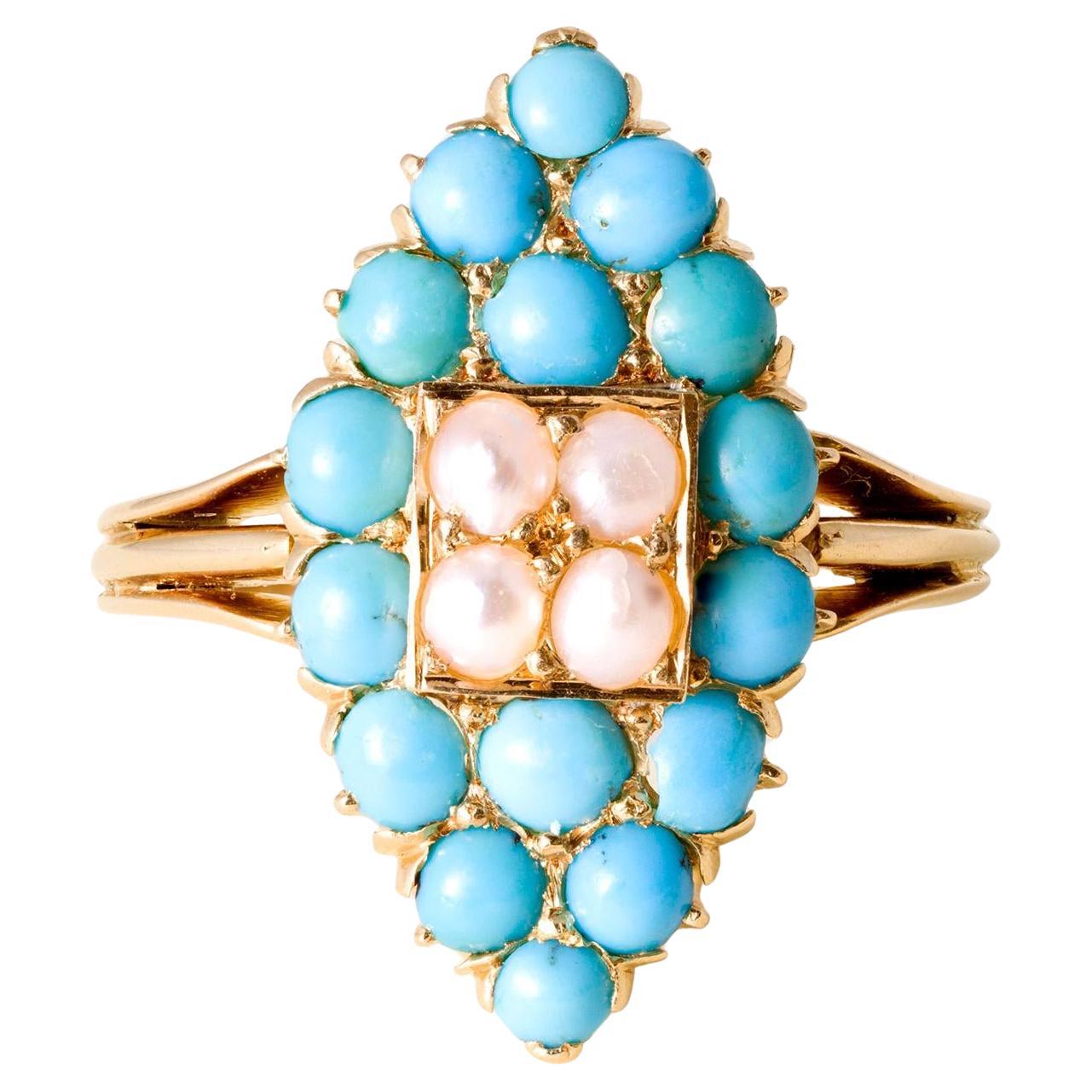 Anello Navette con turchese e perla in oro rosa 18 carati vintage