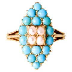Vintage 18K Rose Gold Turquoise and Pearl Navette Ring