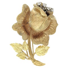 Vintage 18k Rose & Green Gold Florentine Finish Flower & Leaf Diamond Pin Brooch