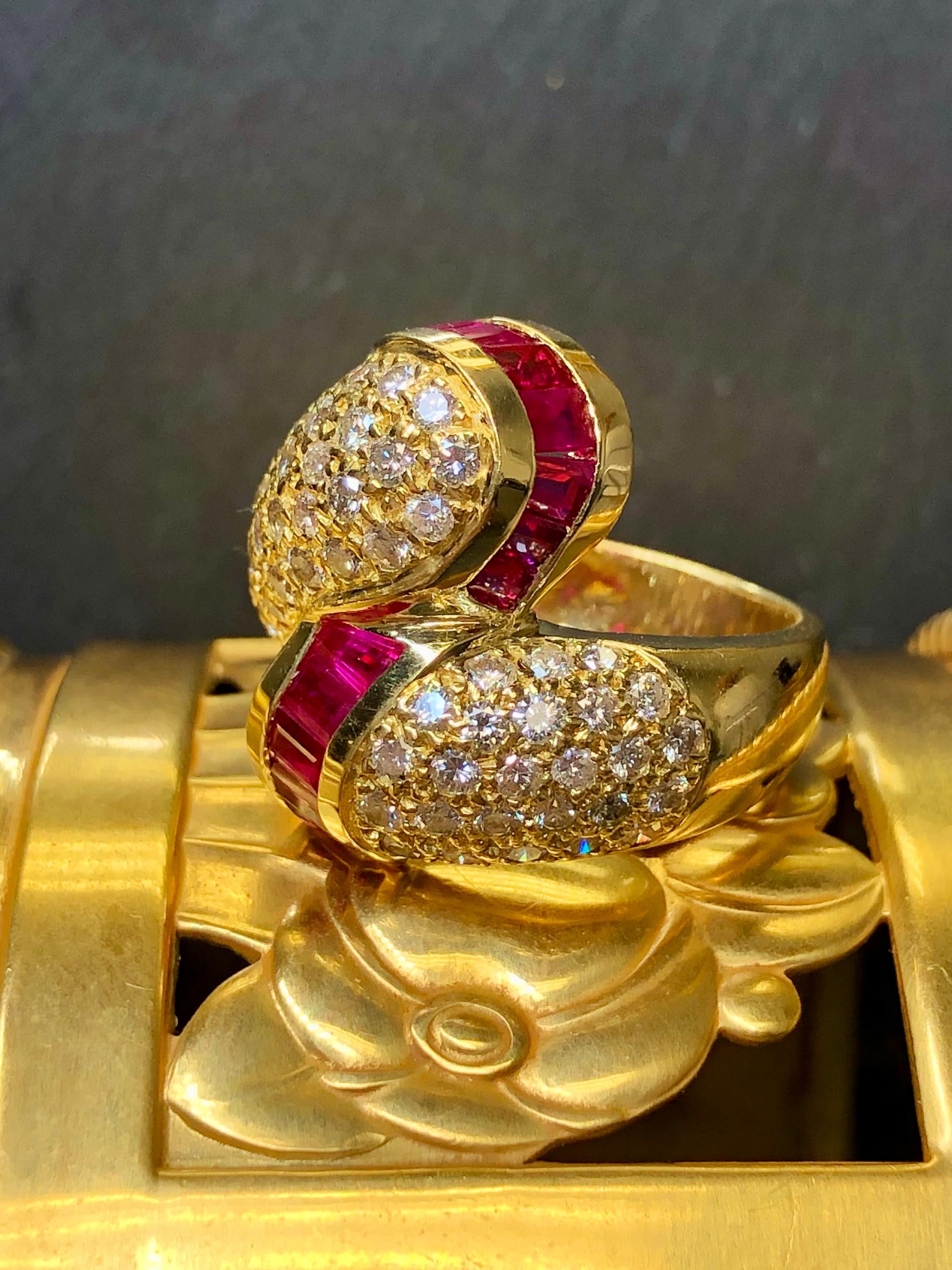 Contemporary Vintage 18K Ruby Pave Diamond Bypass Large Cocktail Ring 4.53cttw Sz 7.75 For Sale