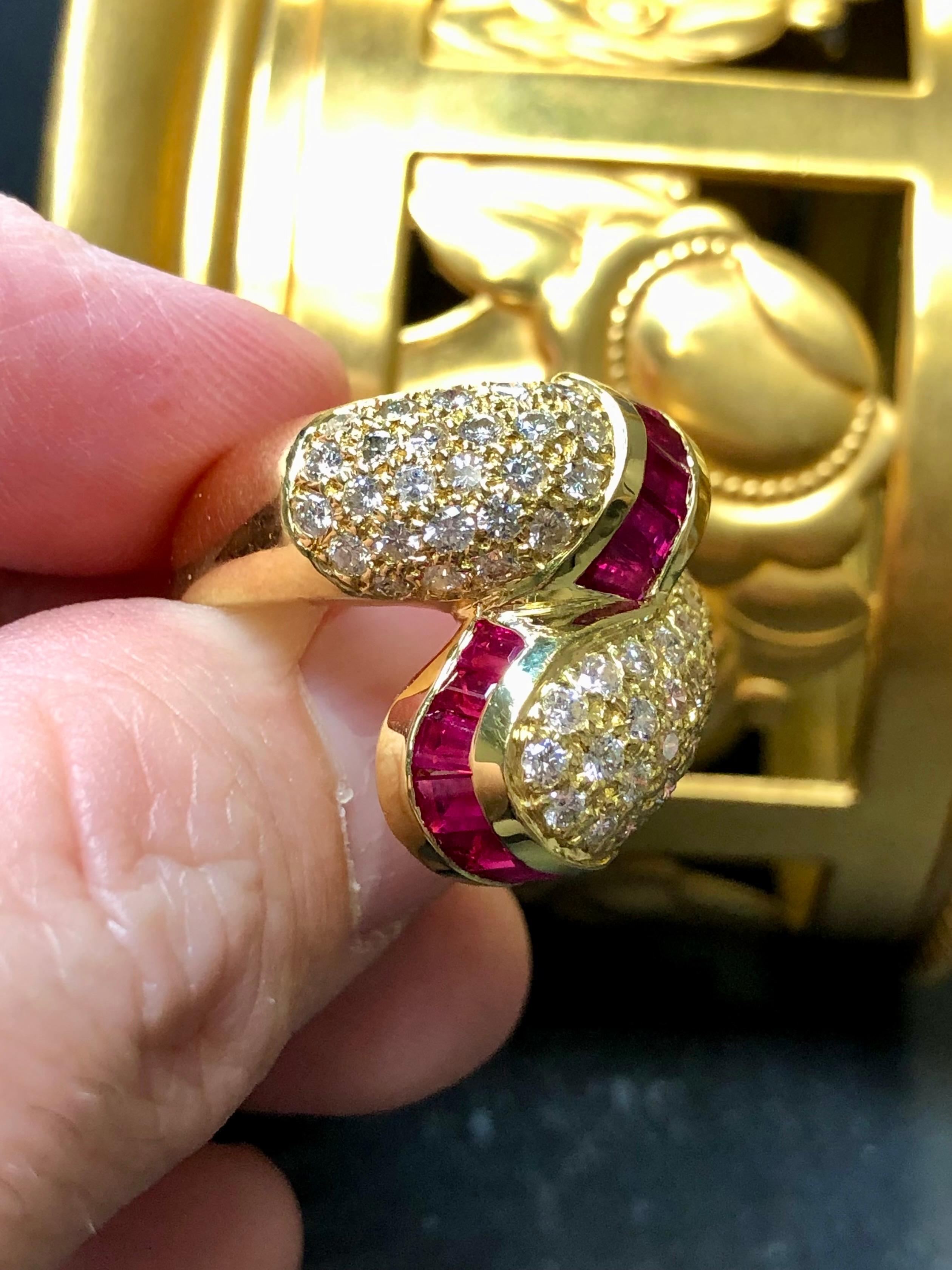 Women's or Men's Vintage 18K Ruby Pave Diamond Bypass Large Cocktail Ring 4.53cttw Sz 7.75 For Sale
