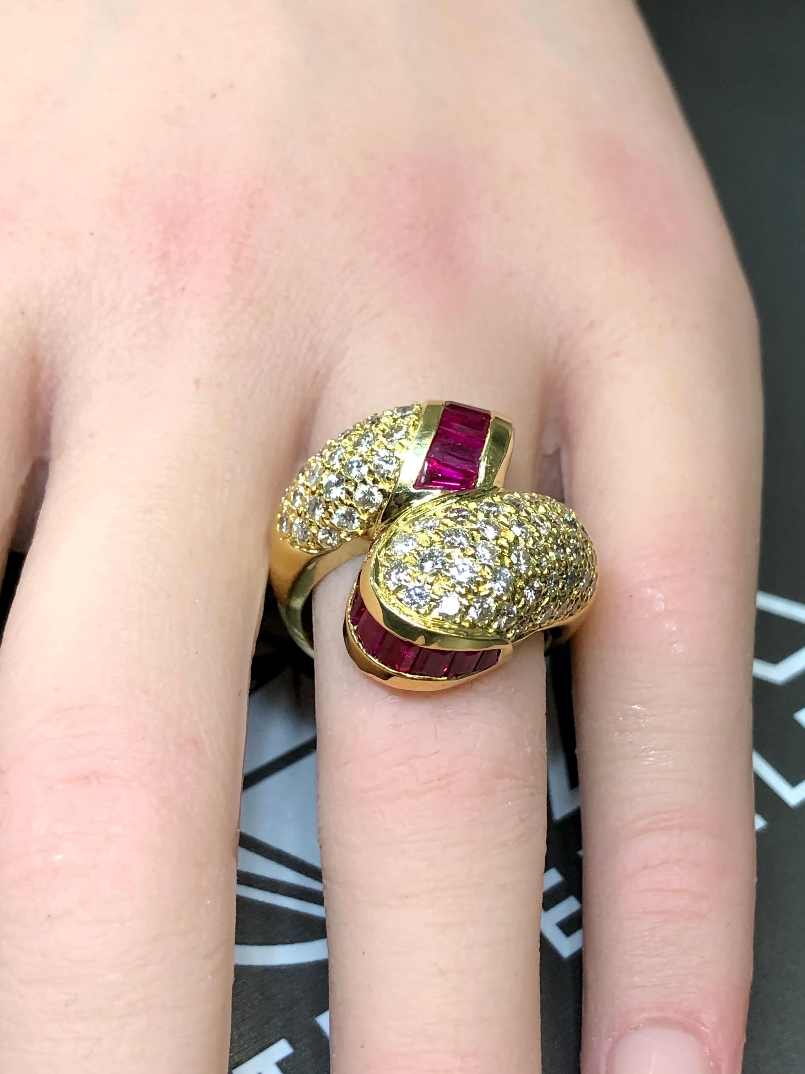 Vintage 18K Ruby Pave Diamond Bypass Large Cocktail Ring 4.53cttw Sz 7.75 For Sale 1