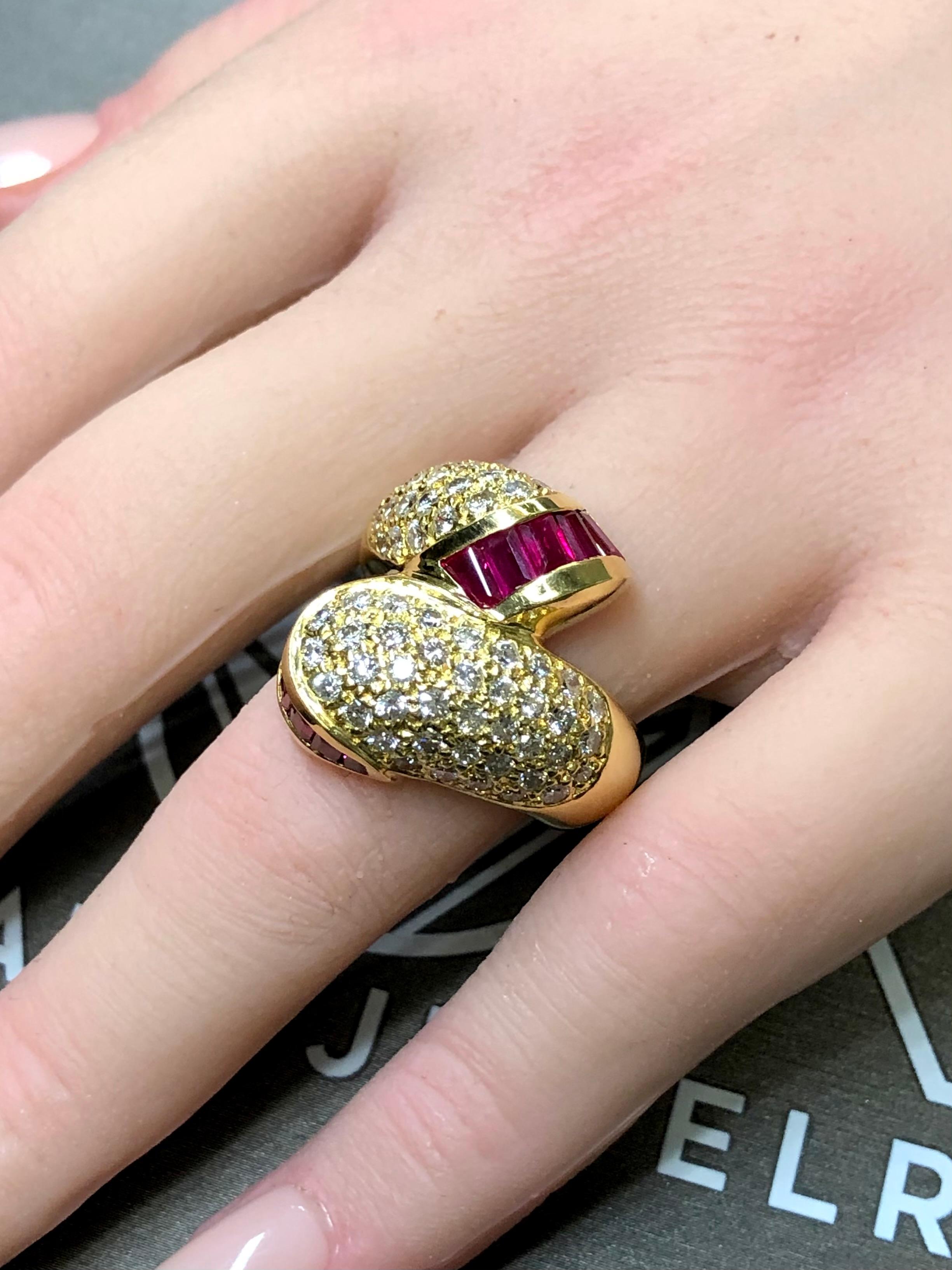Vintage 18K Ruby Pave Diamond Bypass Large Cocktail Ring 4.53cttw Sz 7.75 For Sale 2