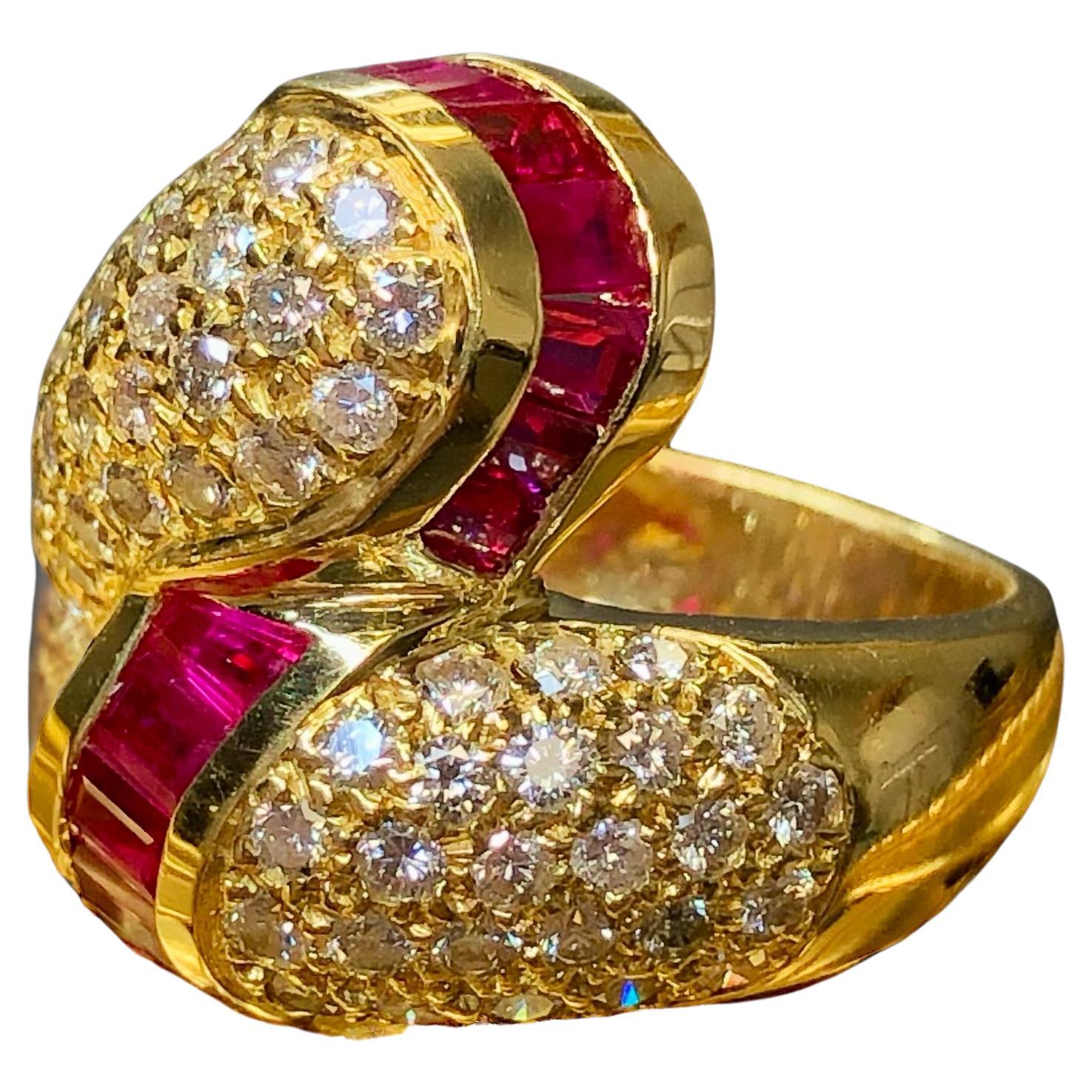 Vintage 18K Ruby Pave Diamond Bypass Large Cocktail Ring 4.53cttw Sz 7.75 For Sale