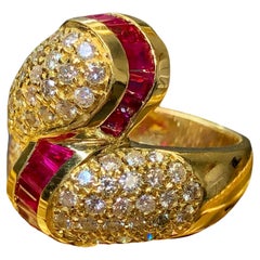 Retro 18K Ruby Pave Diamond Bypass Large Cocktail Ring 4.53cttw Sz 7.75