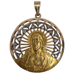 Vintage 18K Sacred Heart Jesus Medallion Pendant w/ Diamond Halo Accents